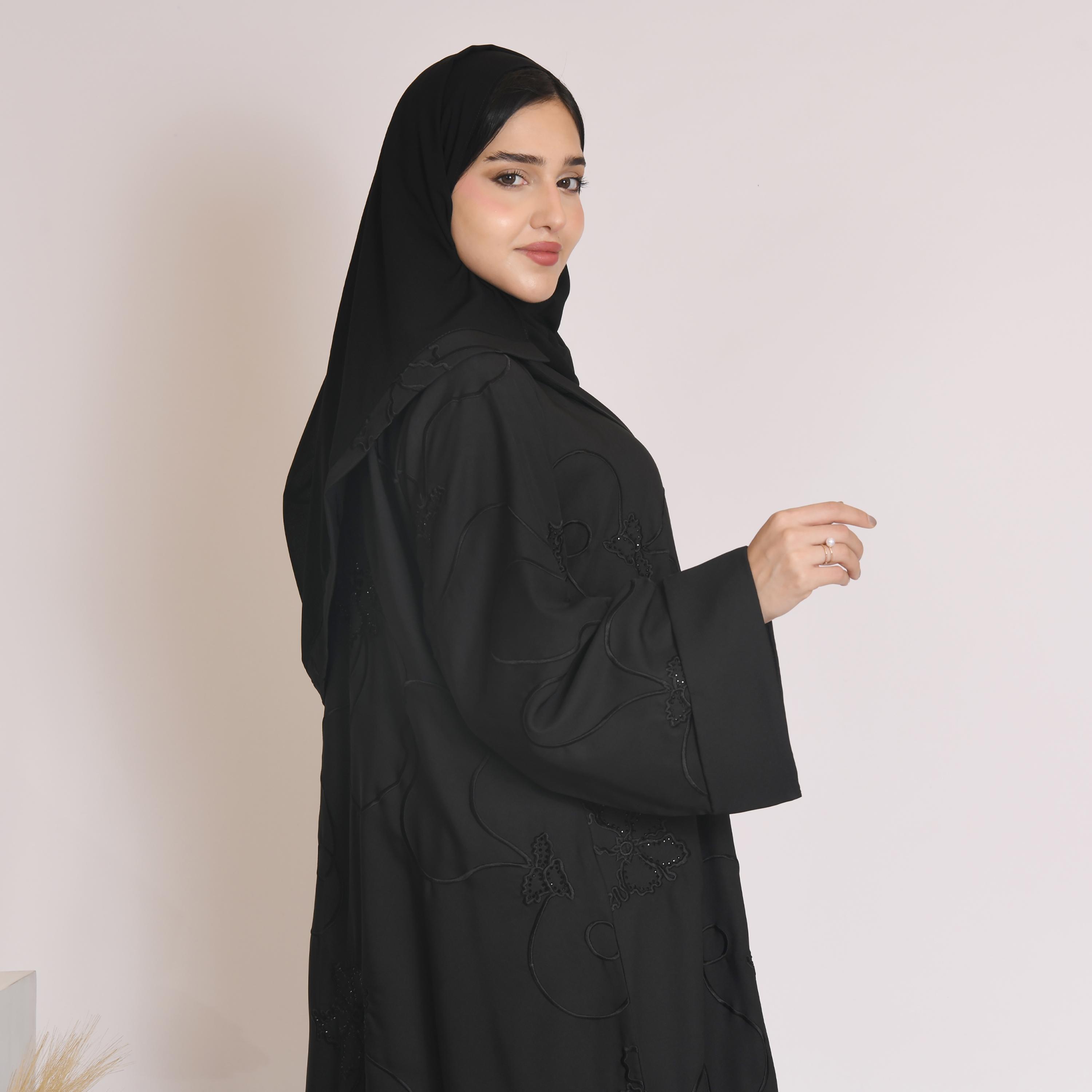 Hawraa Wide Sleeves Embroidered and Rhinestone Linen Cloche Abaya with Hijab-women-arabicclothing-abayas-image-4