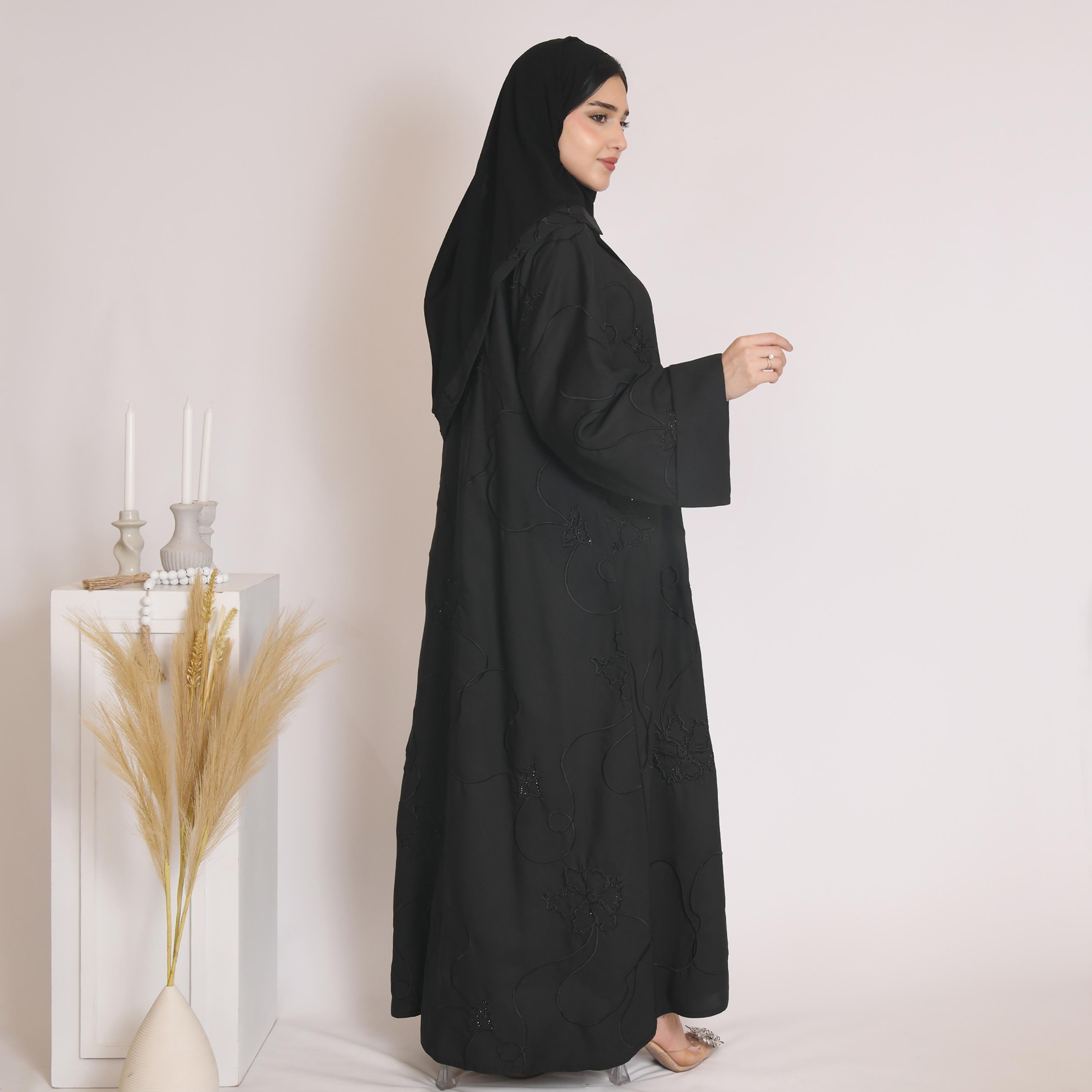 Hawraa Wide Sleeves Embroidered and Rhinestone Linen Cloche Abaya with Hijab-women-arabicclothing-abayas-image-5