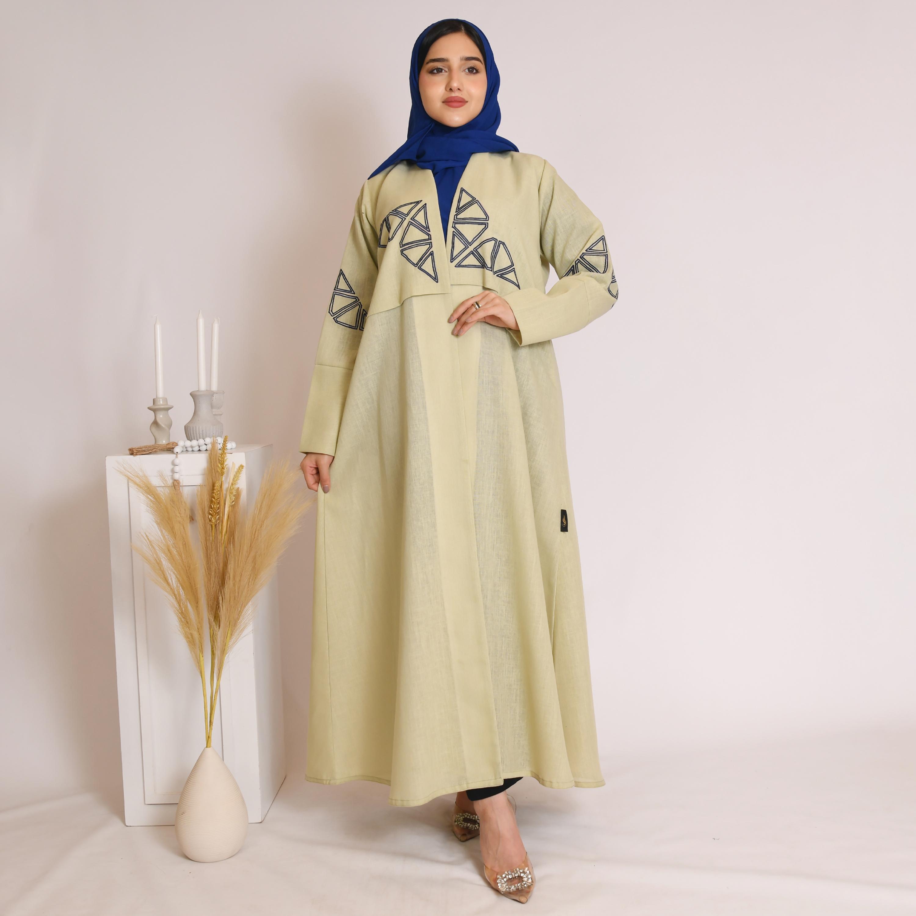 Hawraa Embroidered Linen Wrap Abaya with Hijab-women-arabicclothing-abayas-image-1