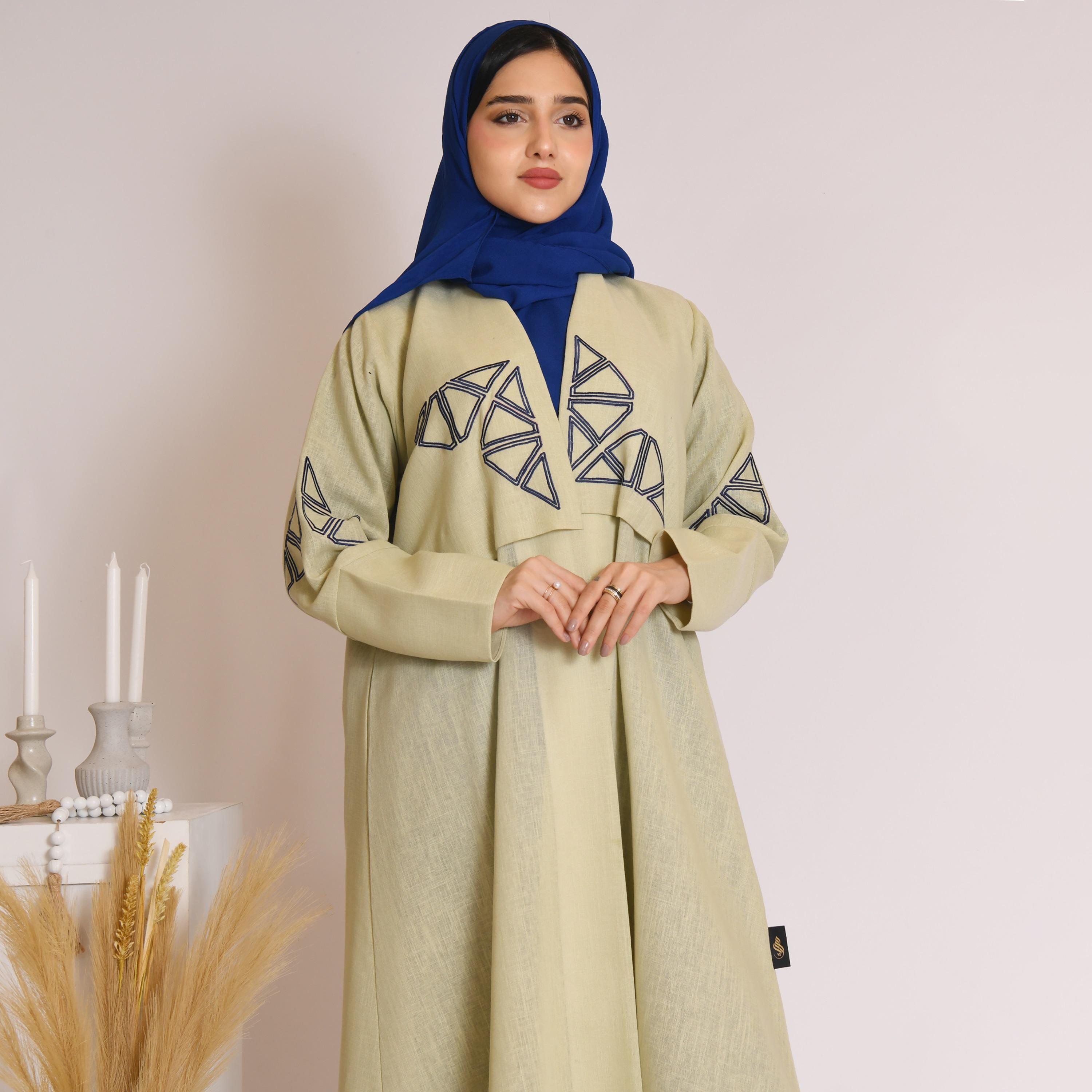 Hawraa Embroidered Linen Wrap Abaya with Hijab-women-arabicclothing-abayas-image-2