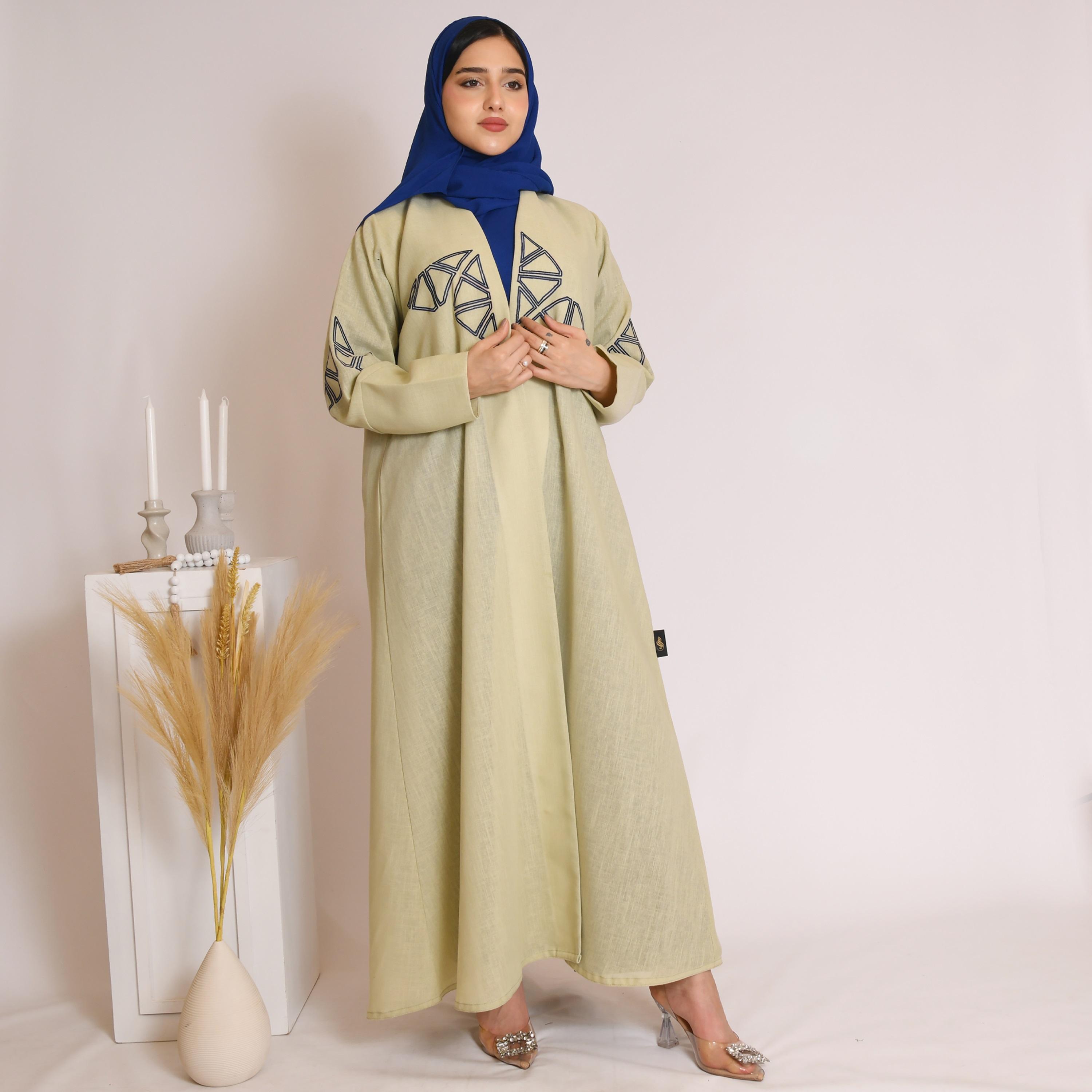 Hawraa Embroidered Linen Wrap Abaya with Hijab-women-arabicclothing-abayas-image-4