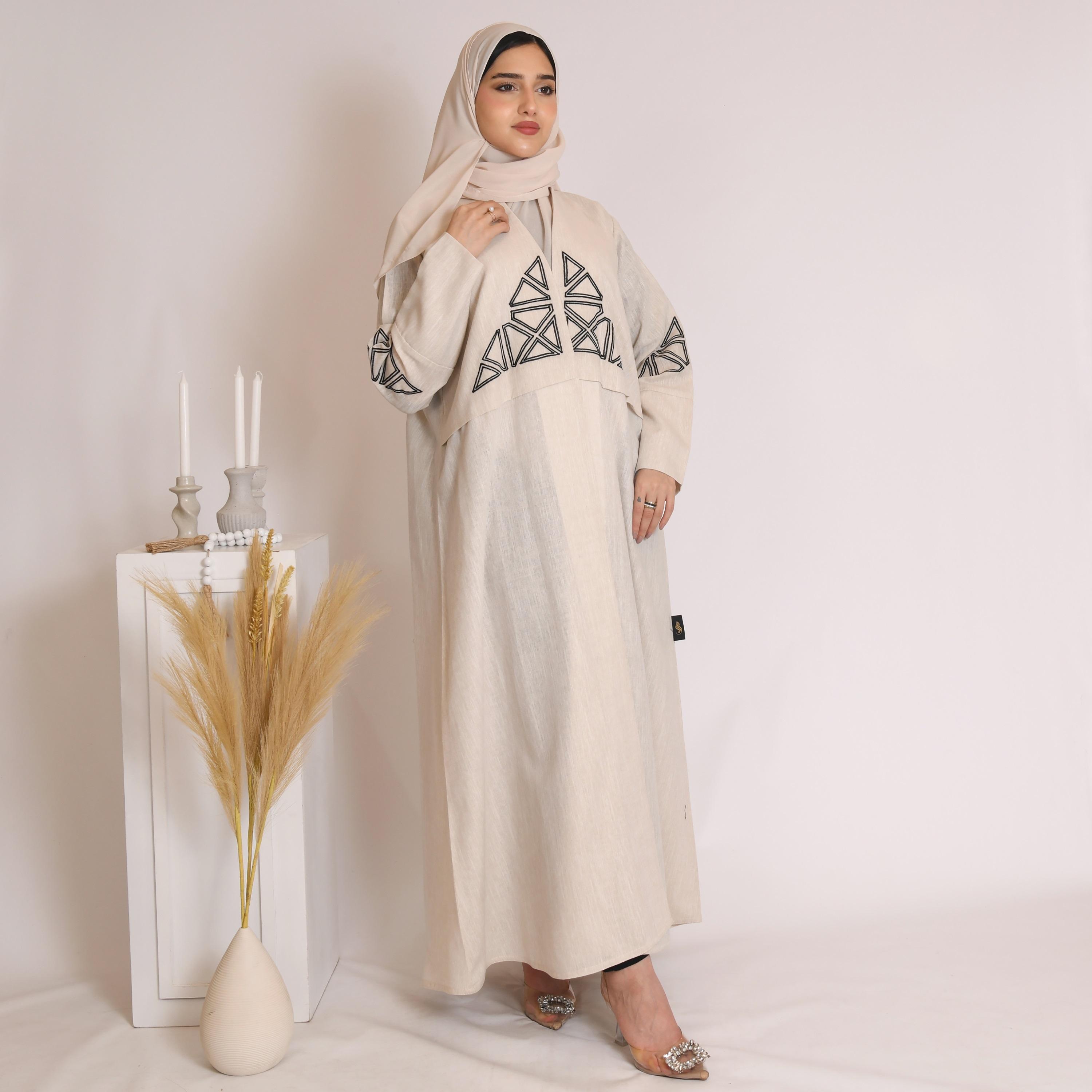 عباية حوراء ملفوفة بالكتان مع الحجاب-women-arabicclothing-abayas-image-1