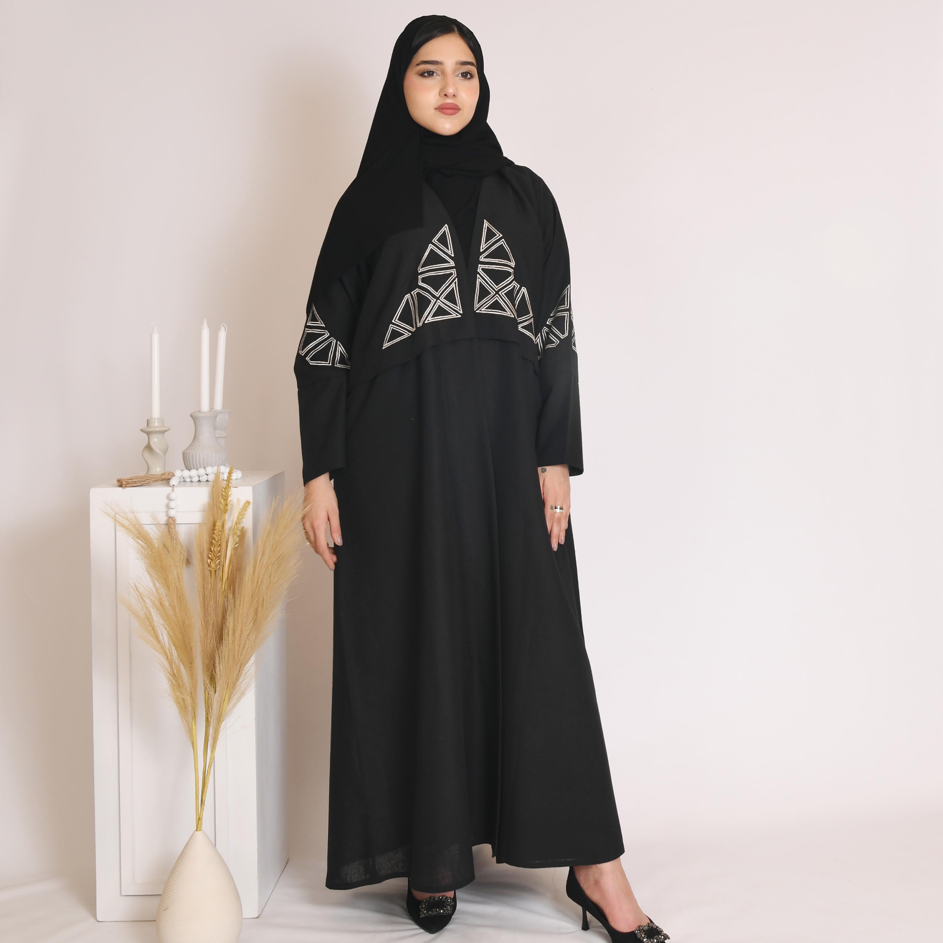 Hawraa Embroidered Linen Wrap Abaya with Hijab-women-arabicclothing-abayas-image-1