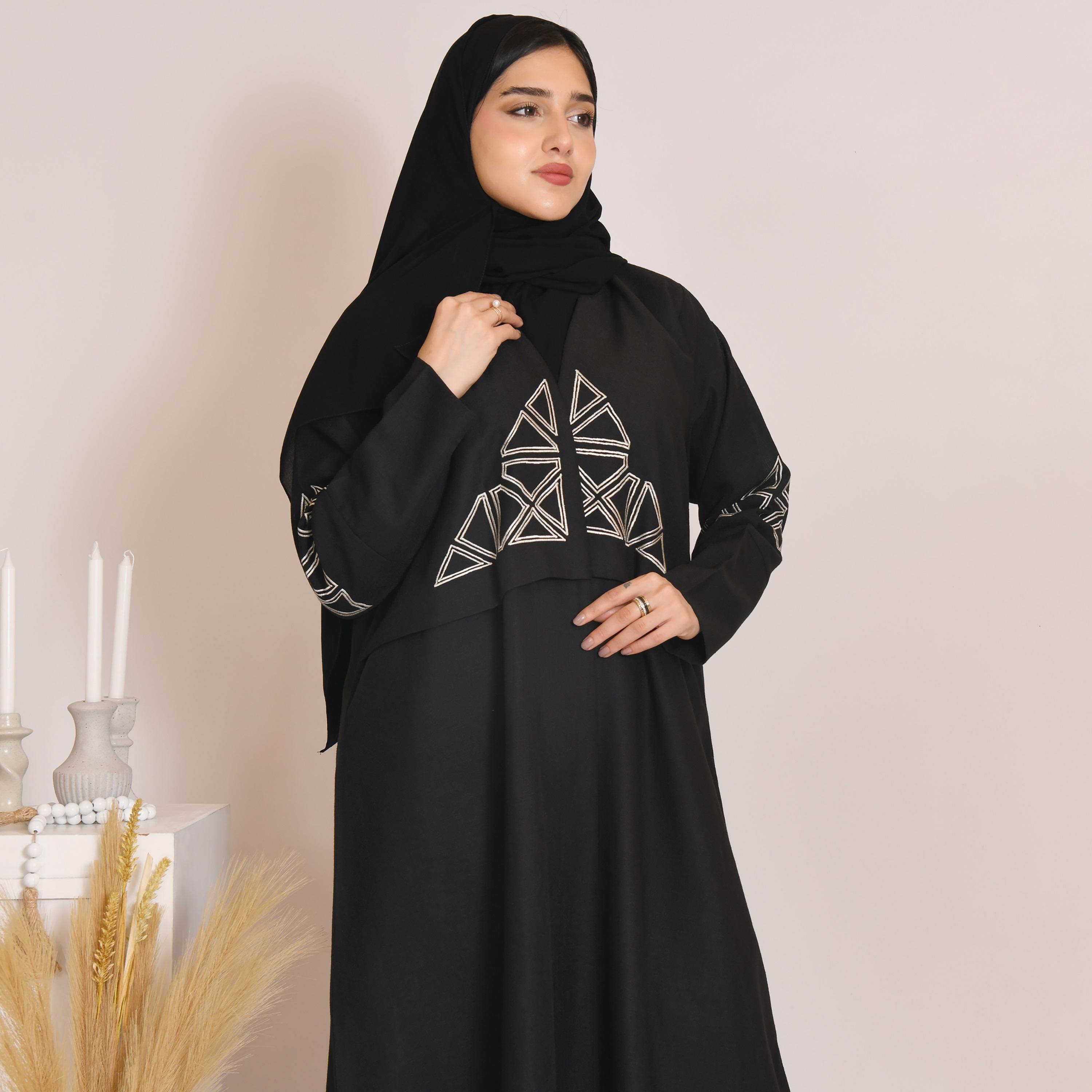 Hawraa Embroidered Linen Wrap Abaya with Hijab-women-arabicclothing-abayas-image-2