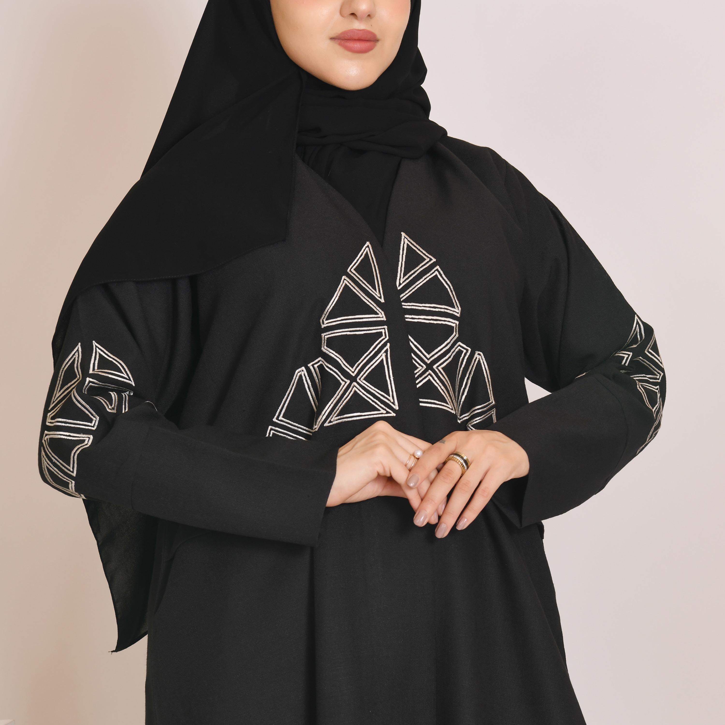 Hawraa Embroidered Linen Wrap Abaya with Hijab-women-arabicclothing-abayas-image-3