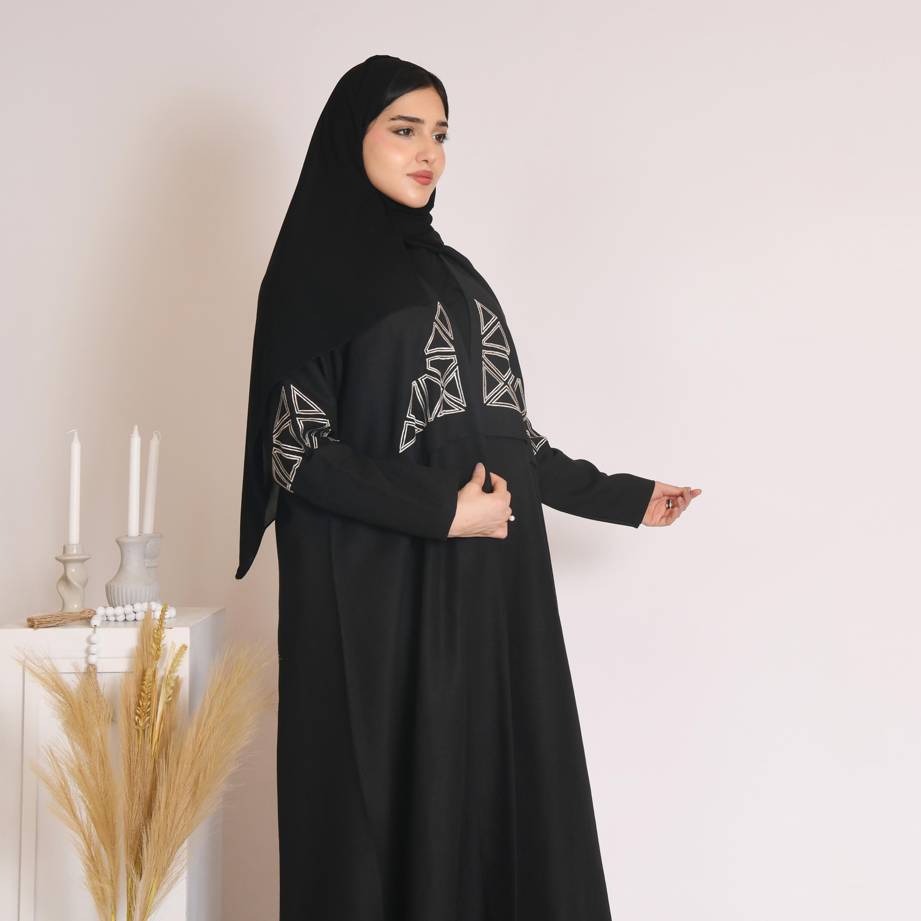 Hawraa Embroidered Linen Wrap Abaya with Hijab-women-arabicclothing-abayas-image-4