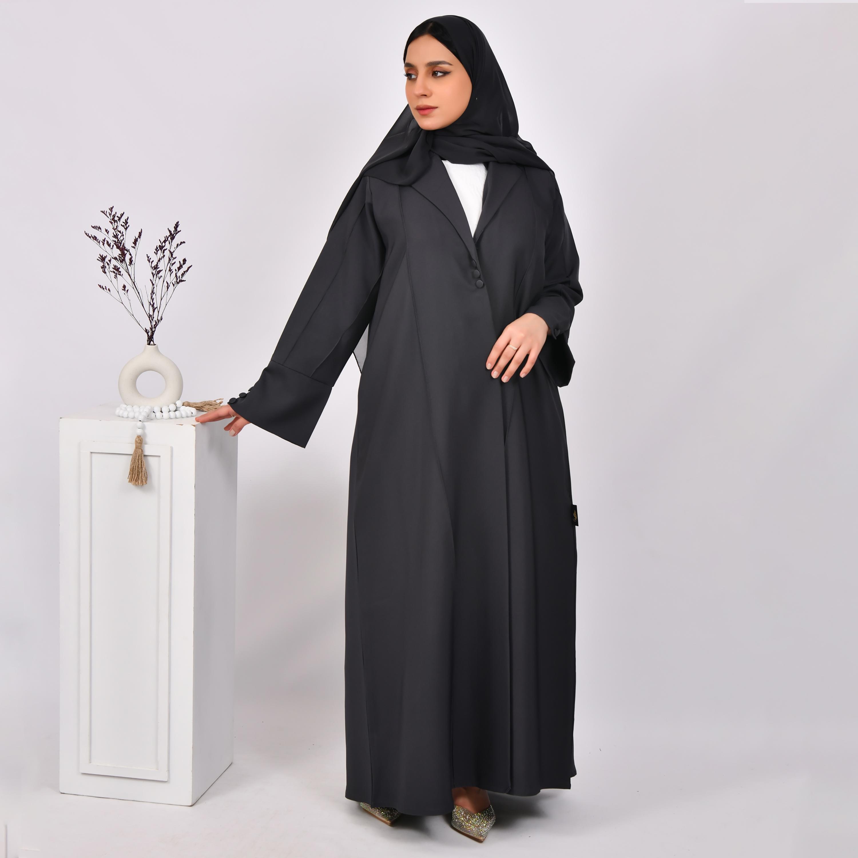 Hawraa Dark Grey Slit Sleeves Lapel Collar Linen Open Abaya with Hijab-women-arabicclothing-abayas-image-1