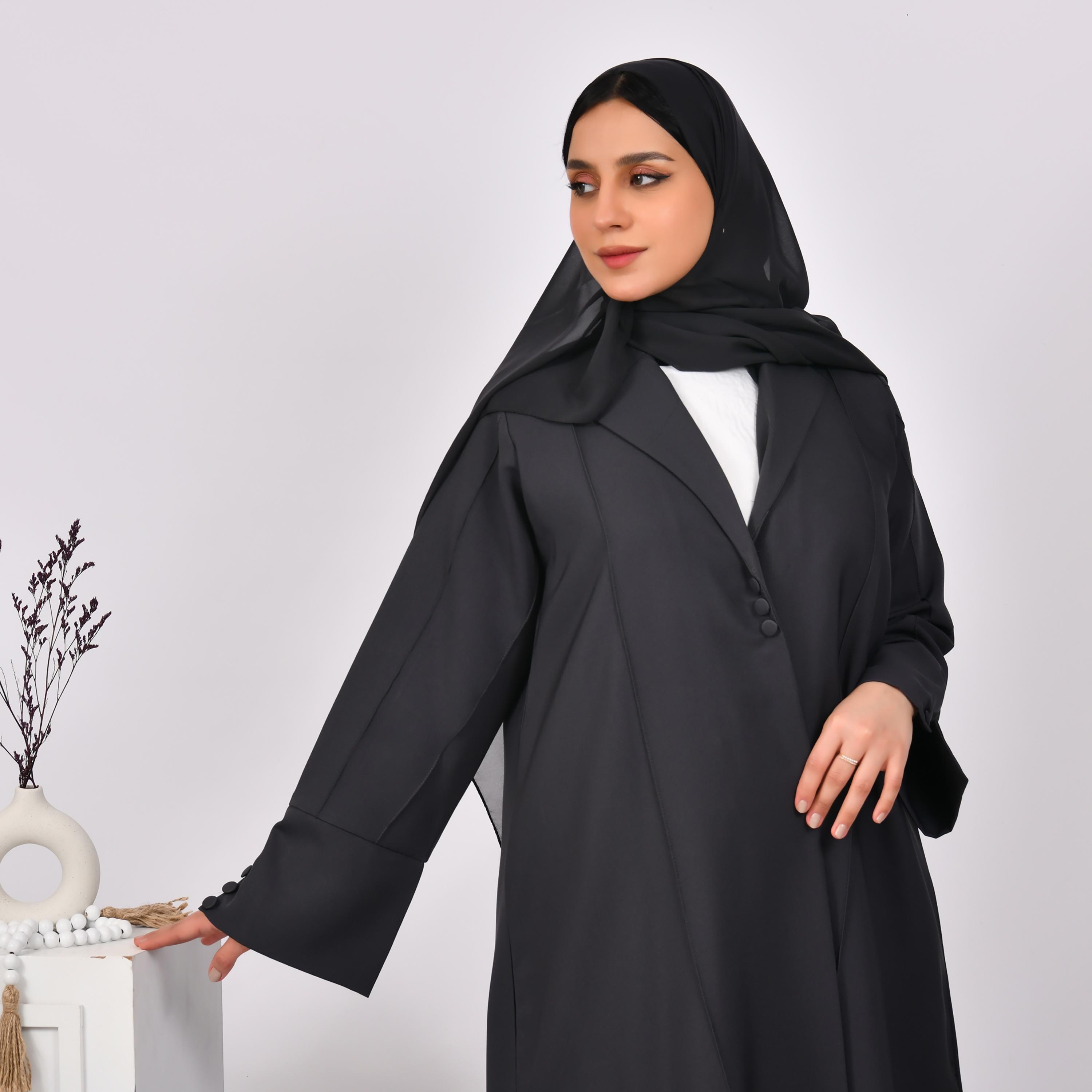 Hawraa Dark Grey Slit Sleeves Lapel Collar Linen Open Abaya with Hijab-women-arabicclothing-abayas-image-2