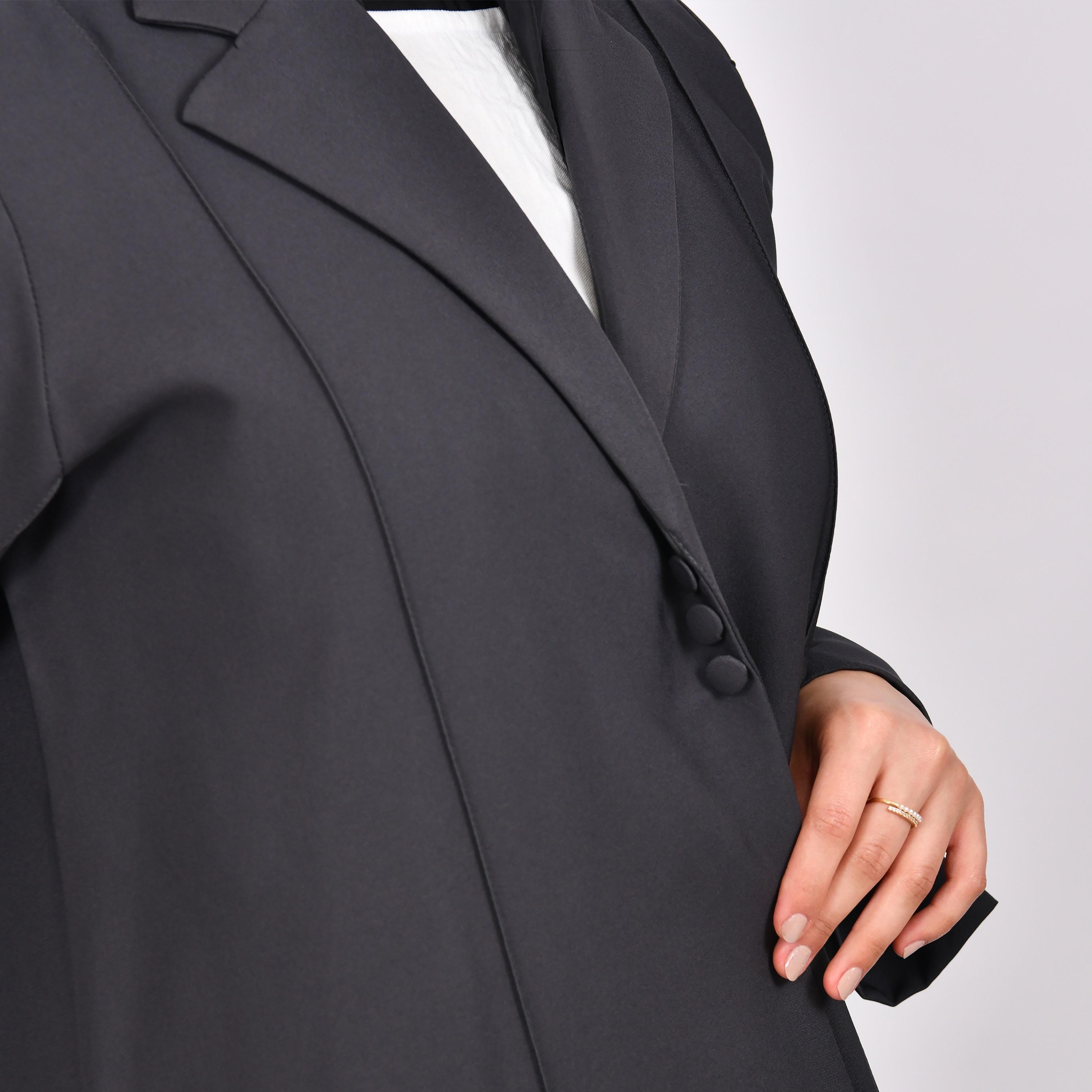 Hawraa Dark Grey Slit Sleeves Lapel Collar Linen Open Abaya with Hijab-women-arabicclothing-abayas-image-3