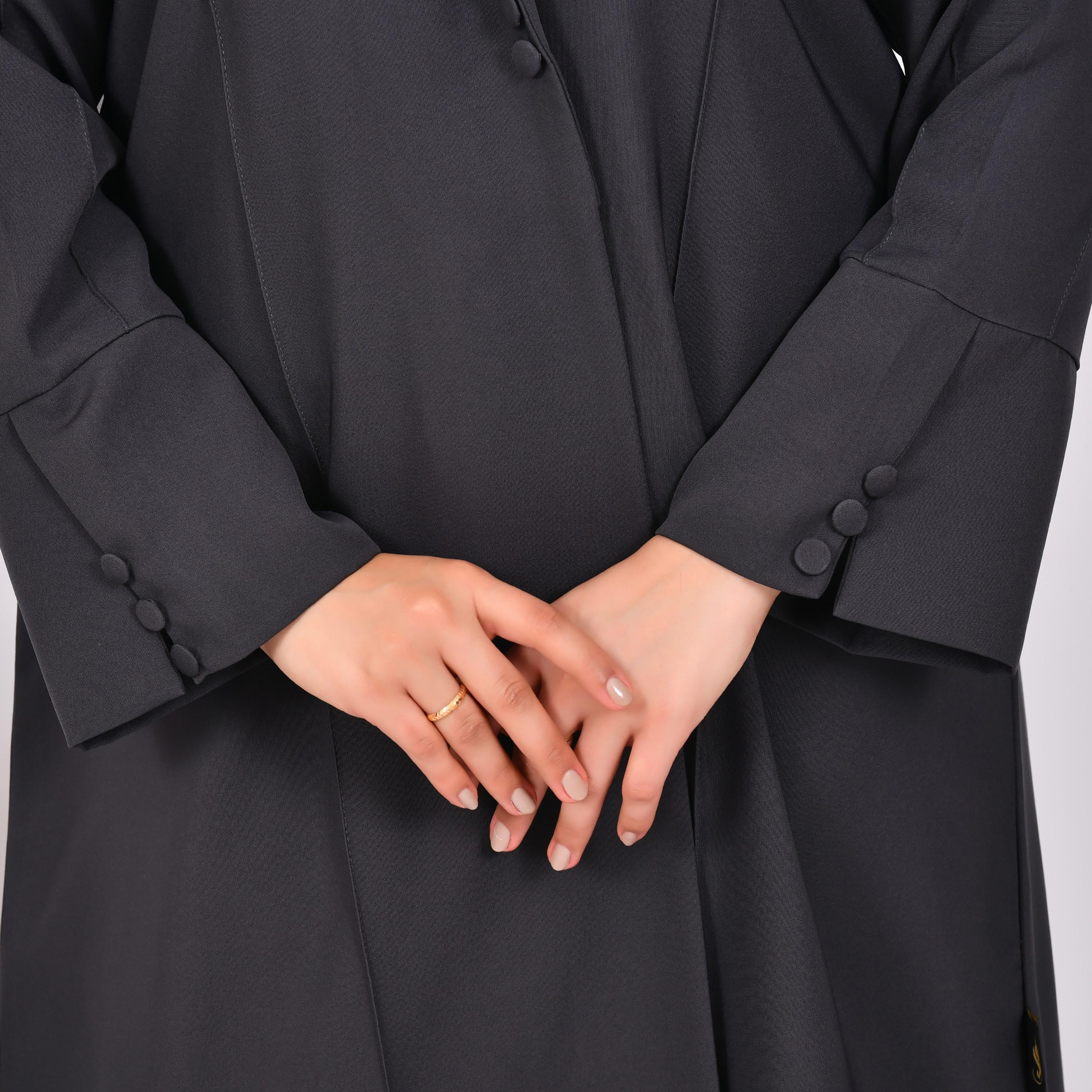 Hawraa Dark Grey Slit Sleeves Lapel Collar Linen Open Abaya with Hijab-women-arabicclothing-abayas-image-5