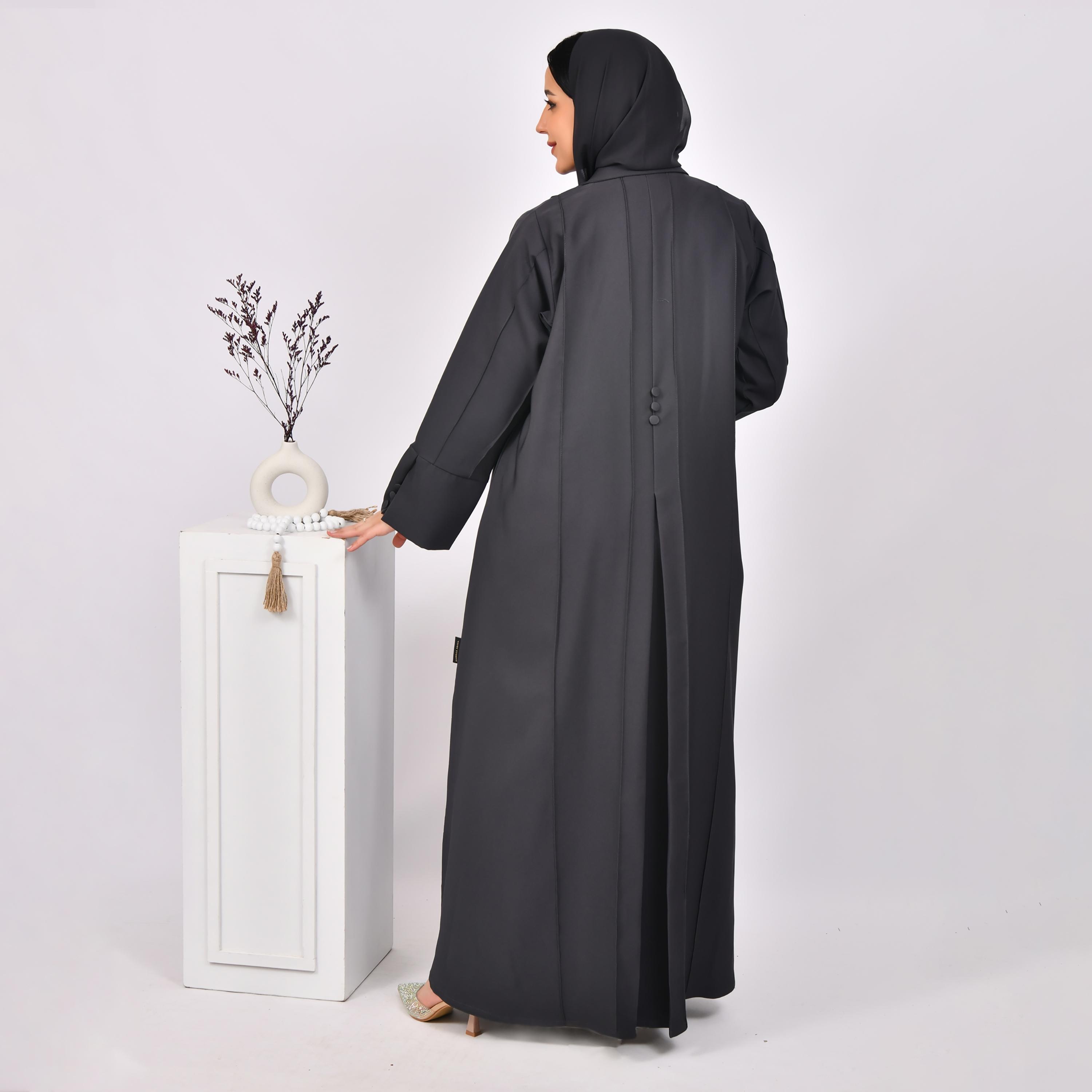 Hawraa Dark Grey Slit Sleeves Lapel Collar Linen Open Abaya with Hijab-women-arabicclothing-abayas-image-6