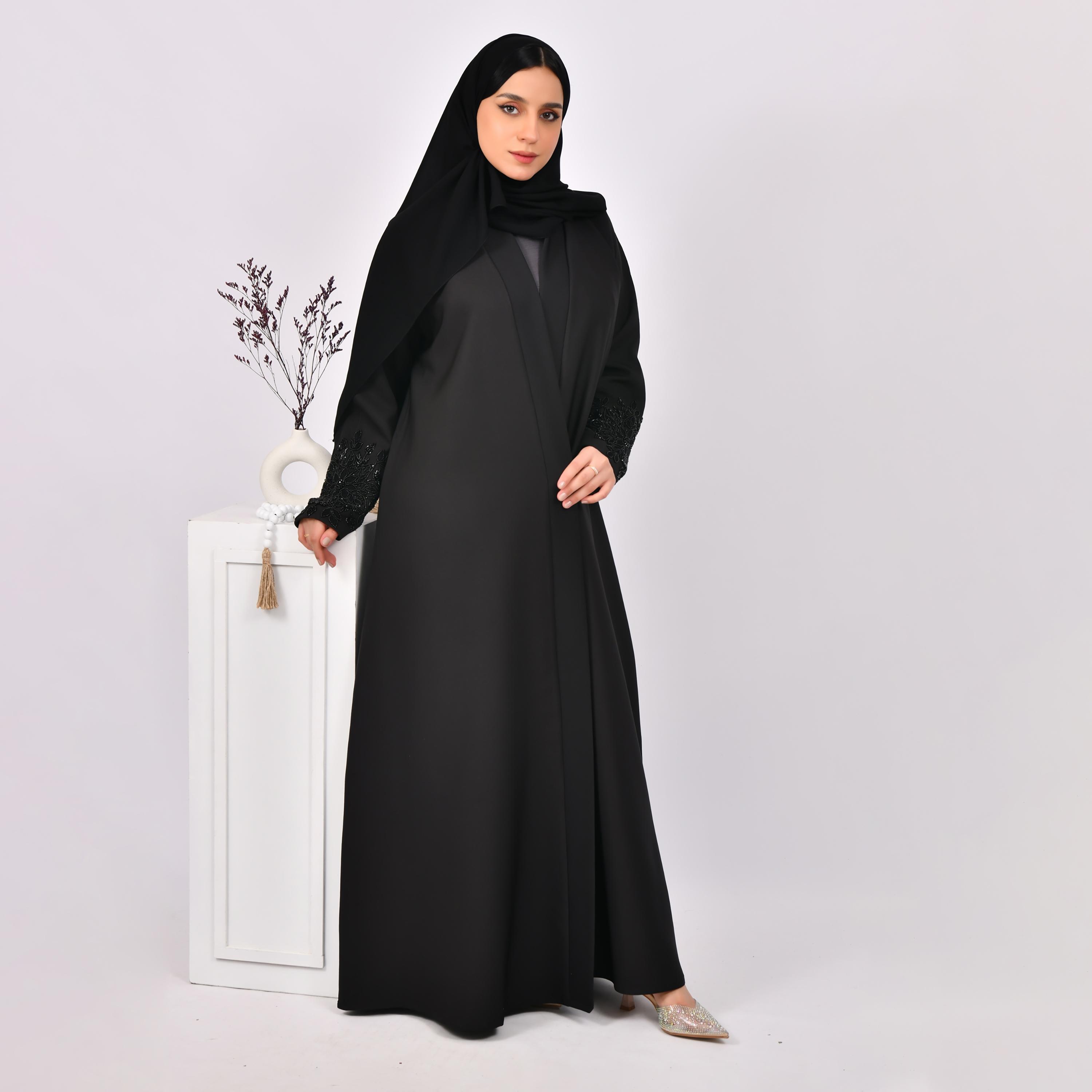 Hawraa Black Beaded Sleeves Linen Open Abaya with Hijab-women-arabicclothing-abayas-image-1