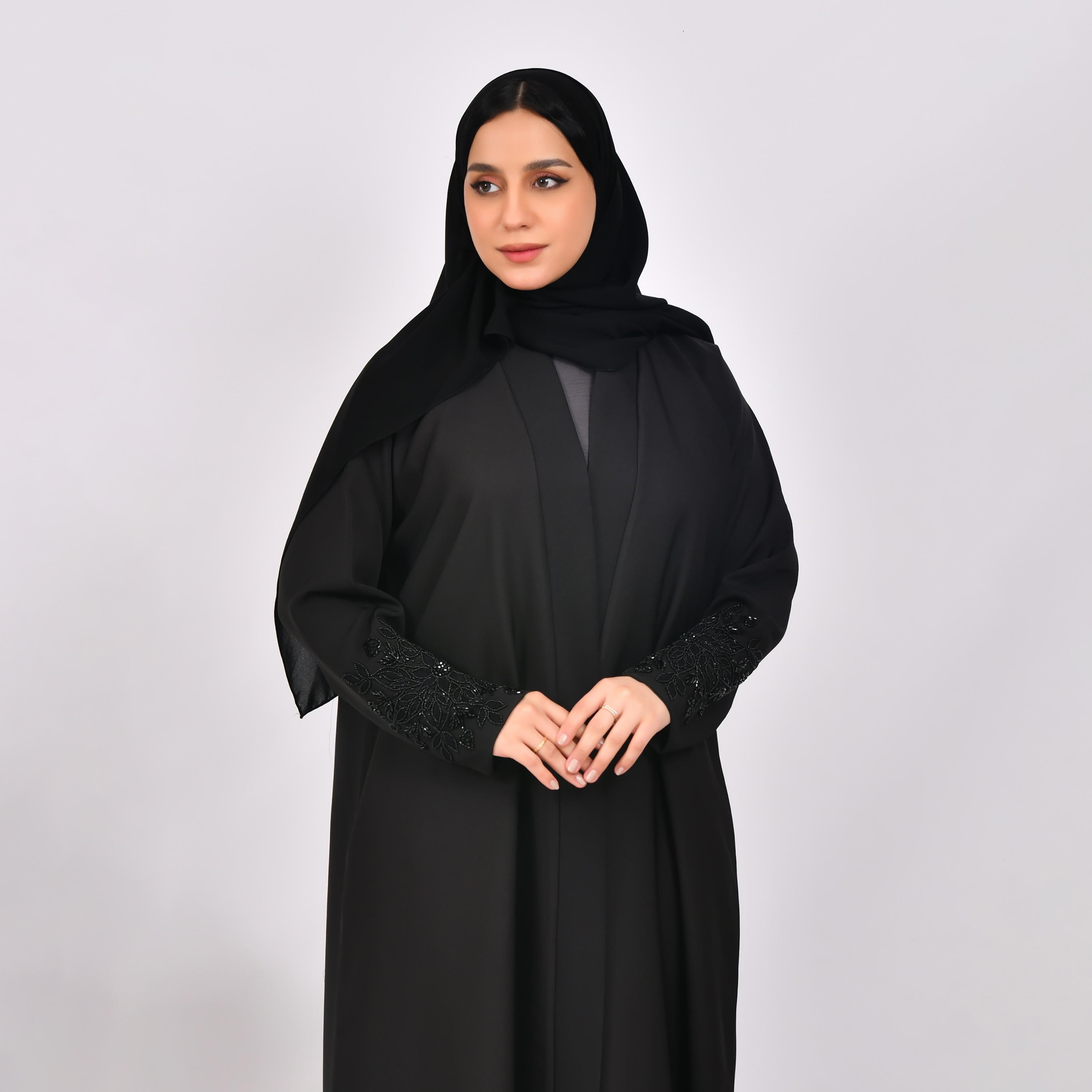 Hawraa Black Beaded Sleeves Linen Open Abaya with Hijab-women-arabicclothing-abayas-image-2