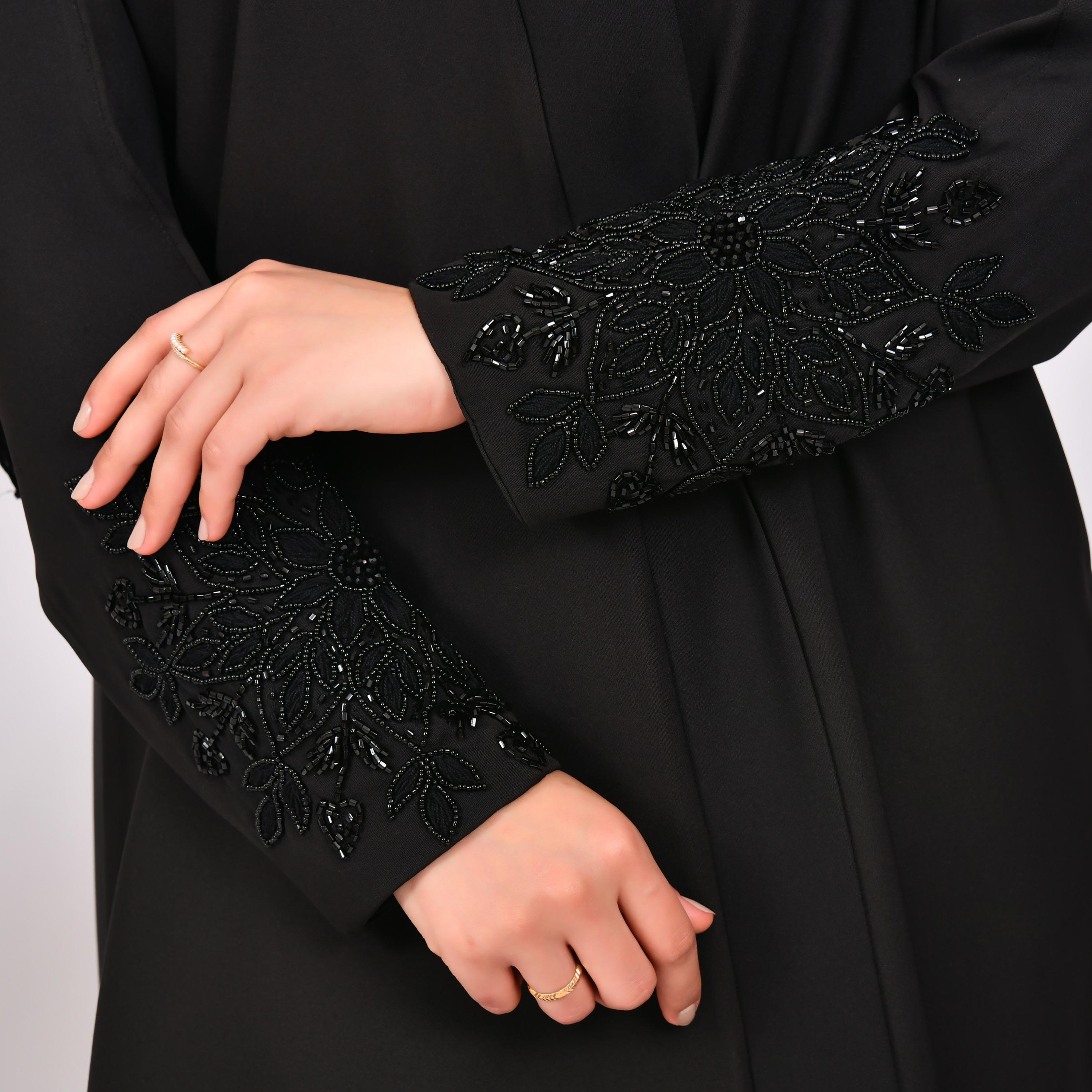 Hawraa Black Beaded Sleeves Linen Open Abaya with Hijab-women-arabicclothing-abayas-image-3