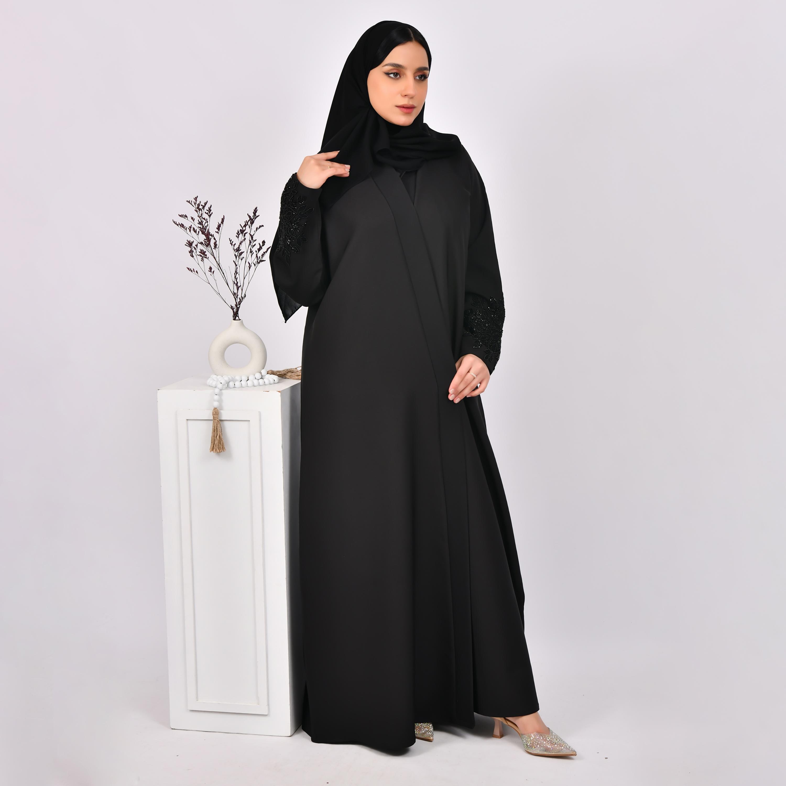 Hawraa Black Beaded Sleeves Linen Open Abaya with Hijab-women-arabicclothing-abayas-image-4