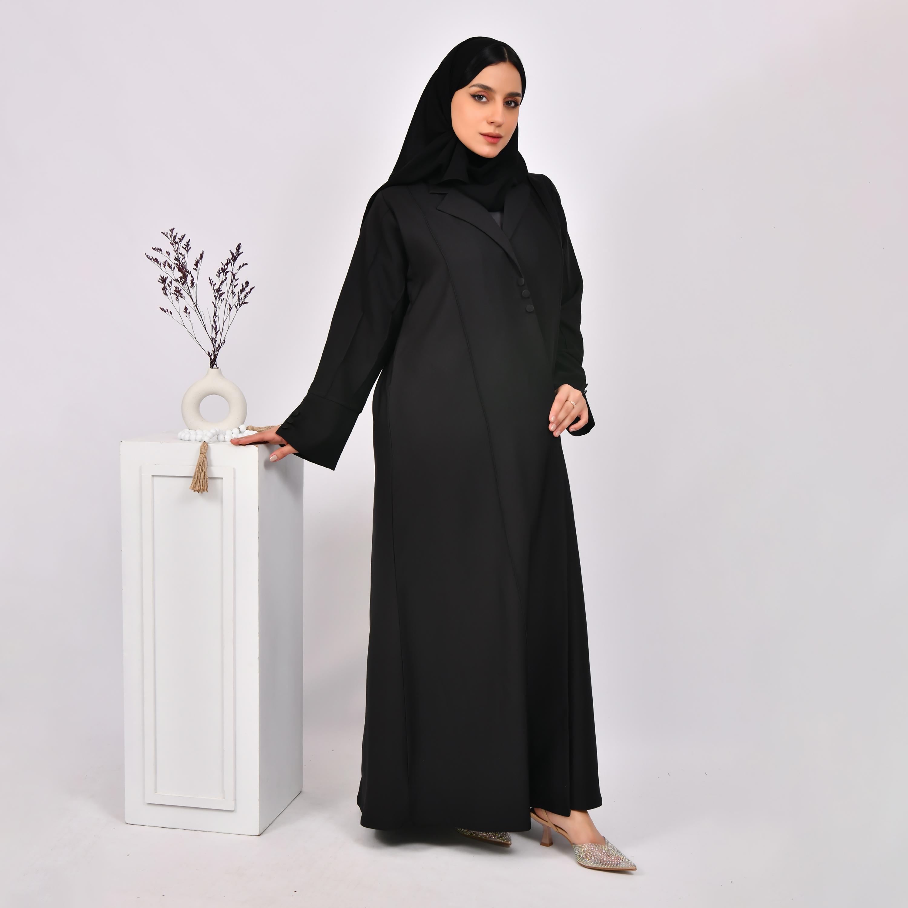 Hawraa Black Slit Sleeves Lapel Collar Linen Open Abaya with Hijab-women-arabicclothing-abayas-image-1