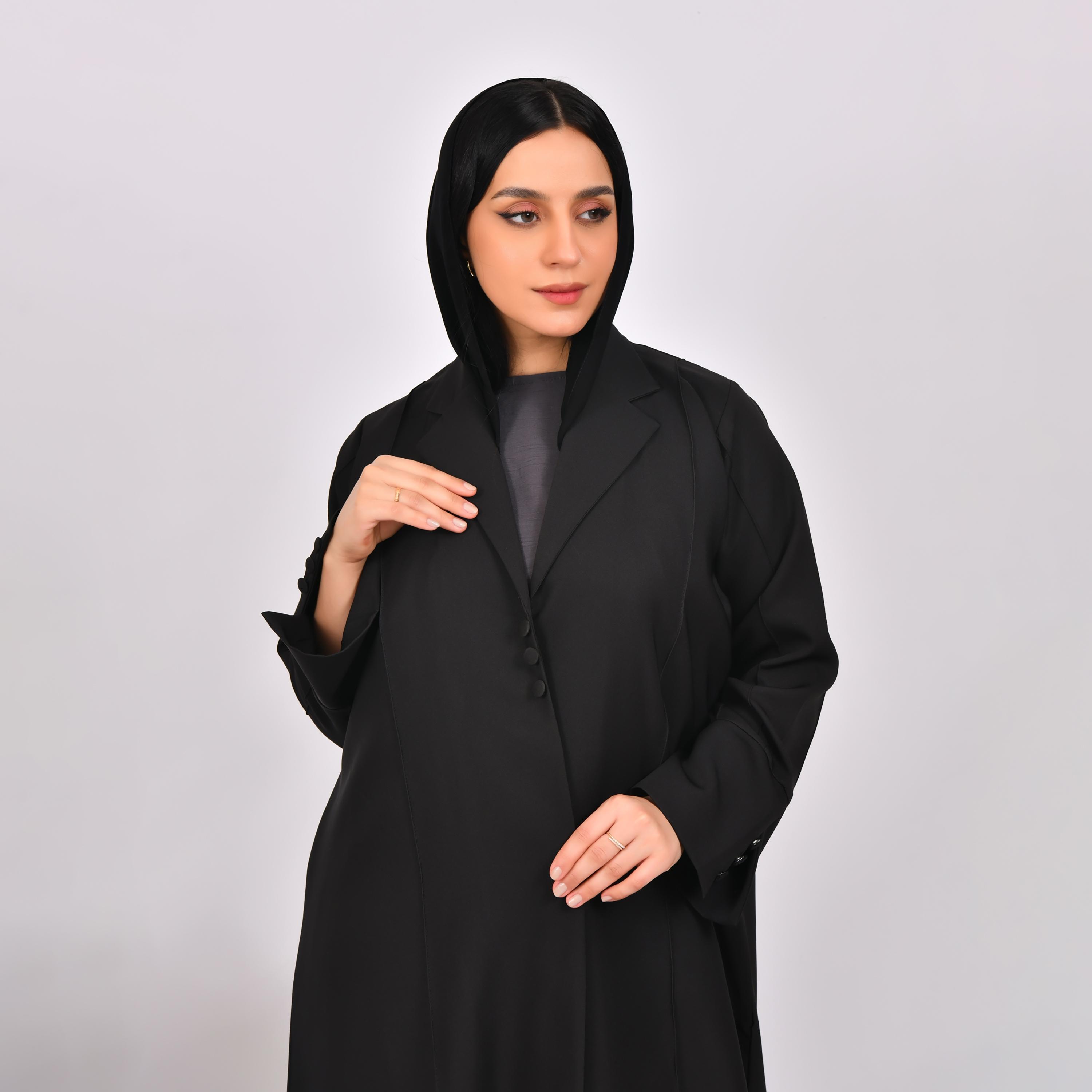 Hawraa Black Slit Sleeves Lapel Collar Linen Open Abaya with Hijab-women-arabicclothing-abayas-image-2