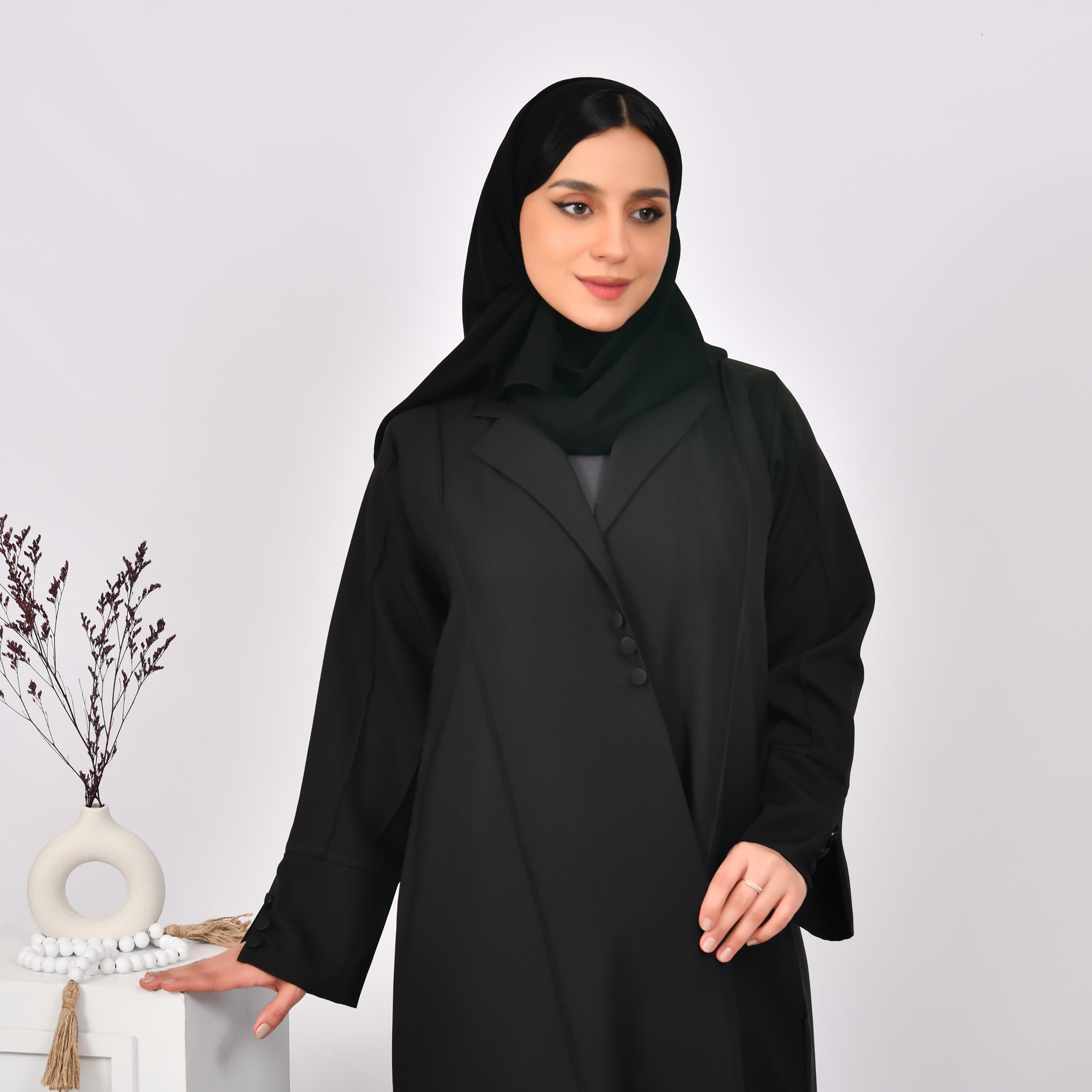 Hawraa Black Slit Sleeves Lapel Collar Linen Open Abaya with Hijab-women-arabicclothing-abayas-image-4