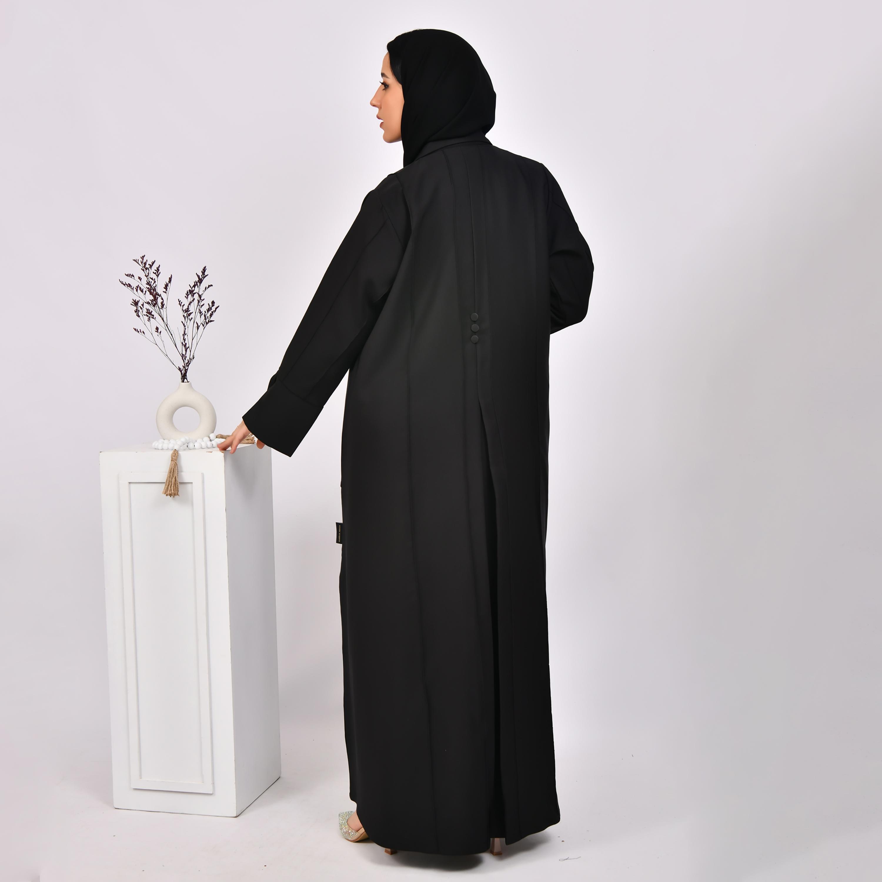 Hawraa Black Slit Sleeves Lapel Collar Linen Open Abaya with Hijab-women-arabicclothing-abayas-image-5