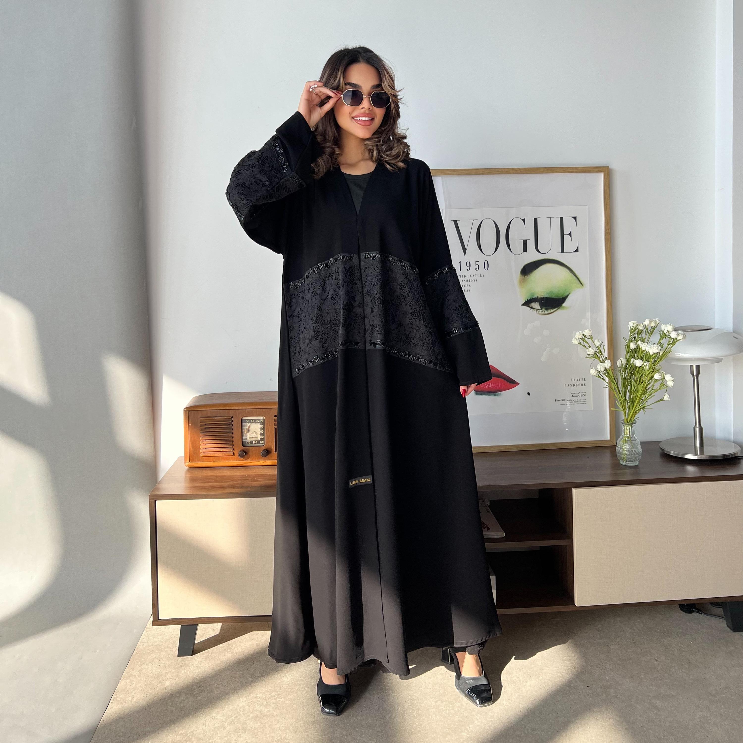 Lusin abaya Black Lace Panelled Royal Crepe Women's Evening Abaya with Hijab-women-arabicclothing-abayas-image-1