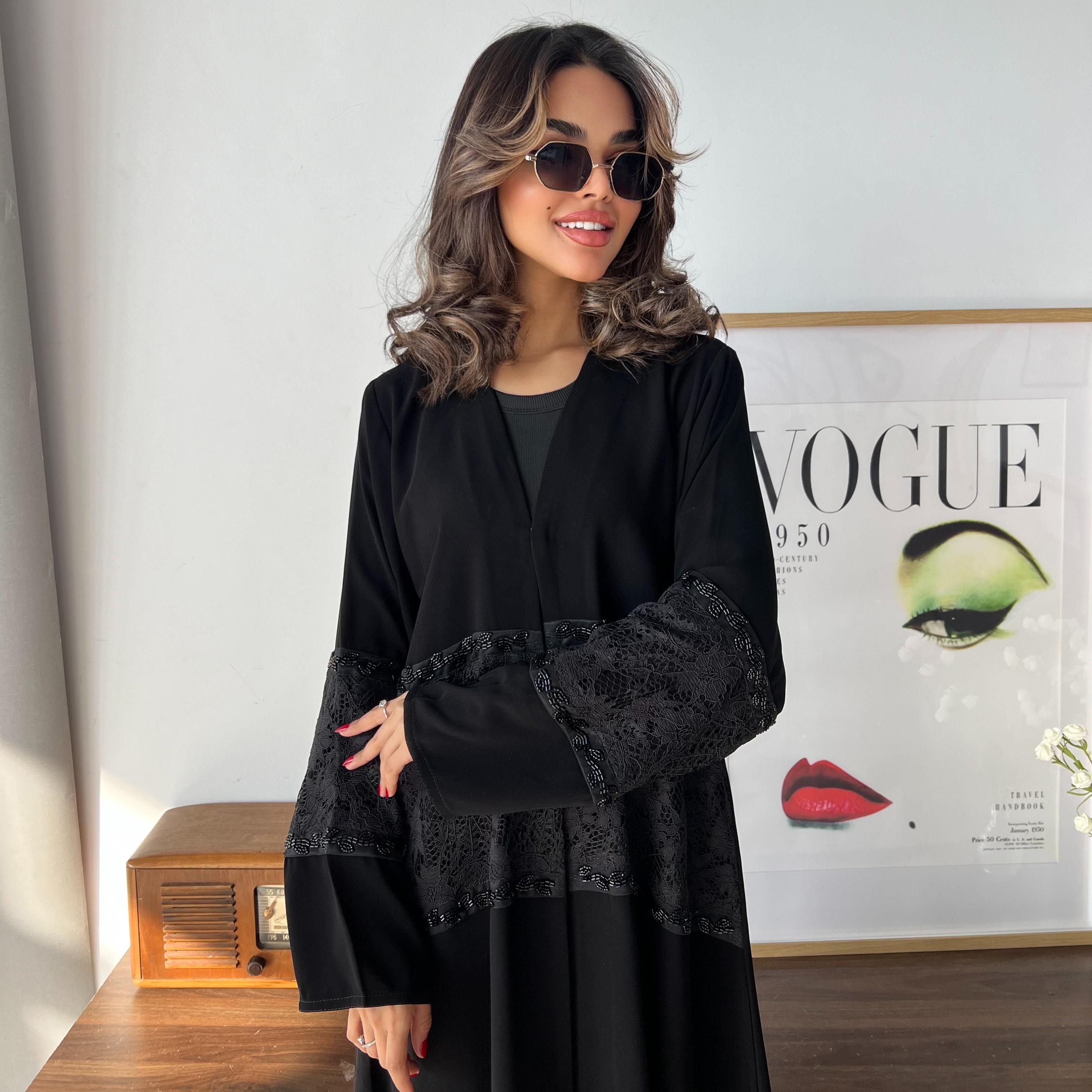 Lusin abaya Black Lace Panelled Royal Crepe Women's Evening Abaya with Hijab-women-arabicclothing-abayas-image-2