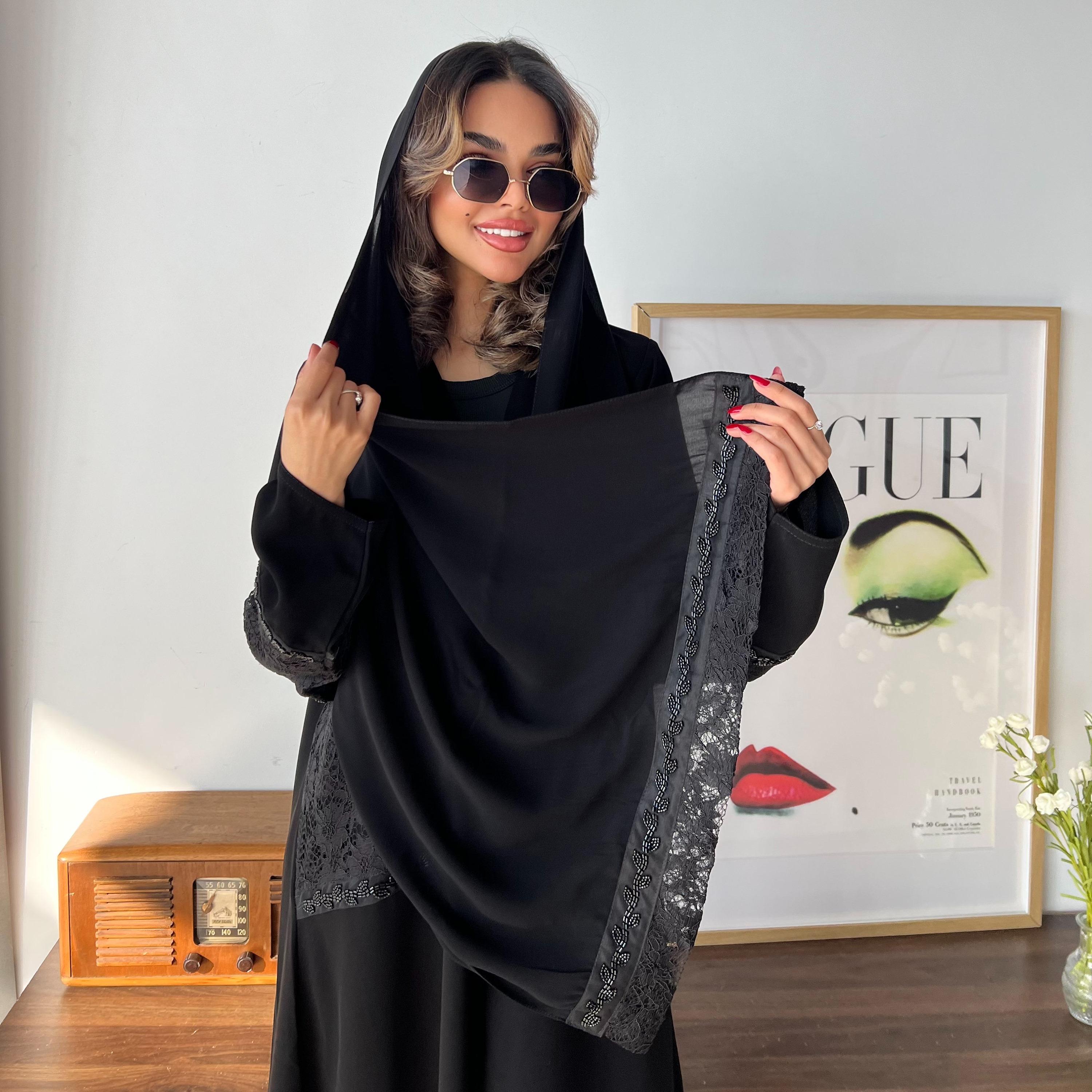 Lusin abaya Black Lace Panelled Royal Crepe Women's Evening Abaya with Hijab-women-arabicclothing-abayas-image-3