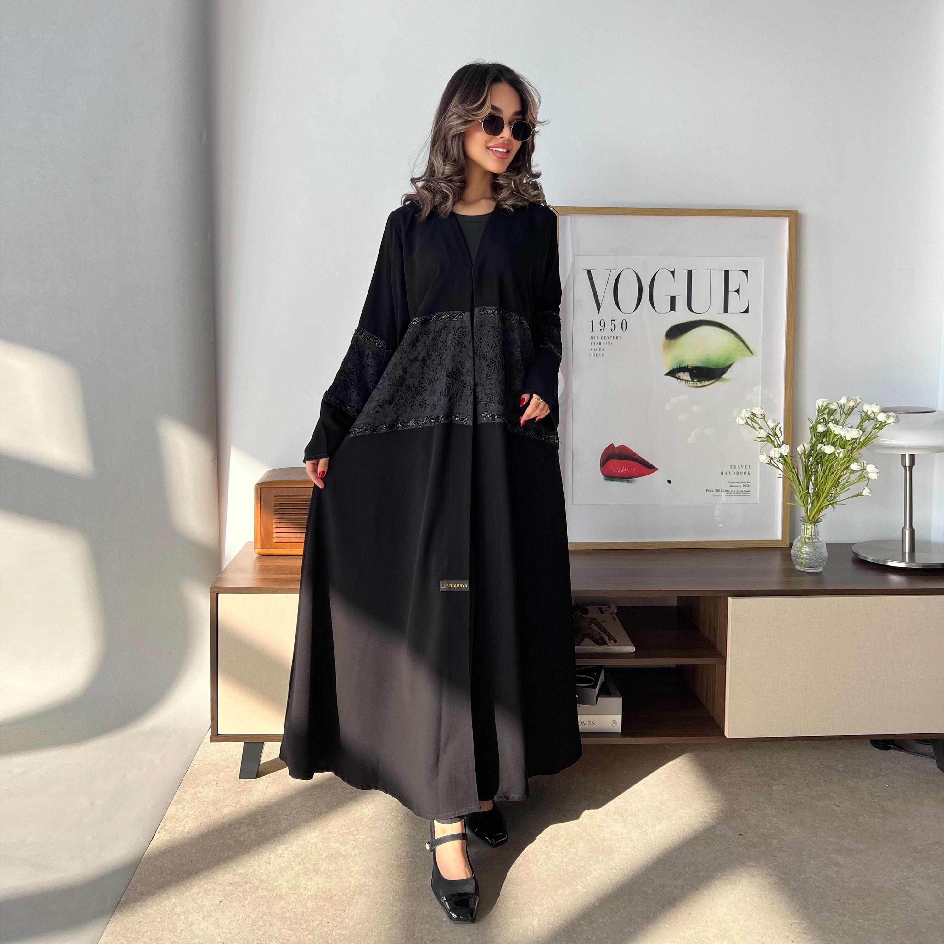 Lusin abaya Black Lace Panelled Royal Crepe Women's Evening Abaya with Hijab-women-arabicclothing-abayas-image-4