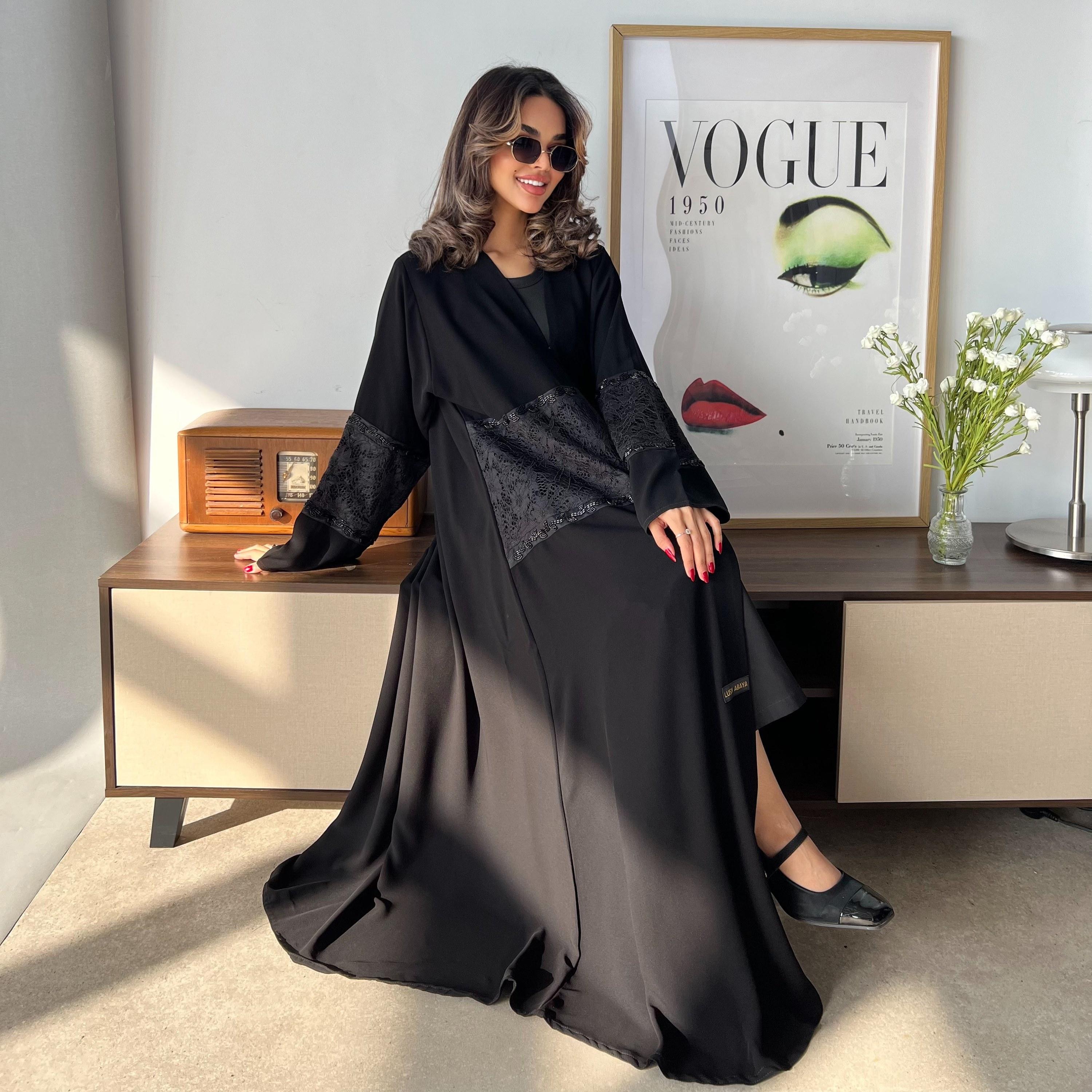 Lusin abaya Black Lace Panelled Royal Crepe Women's Evening Abaya with Hijab-women-arabicclothing-abayas-image-5