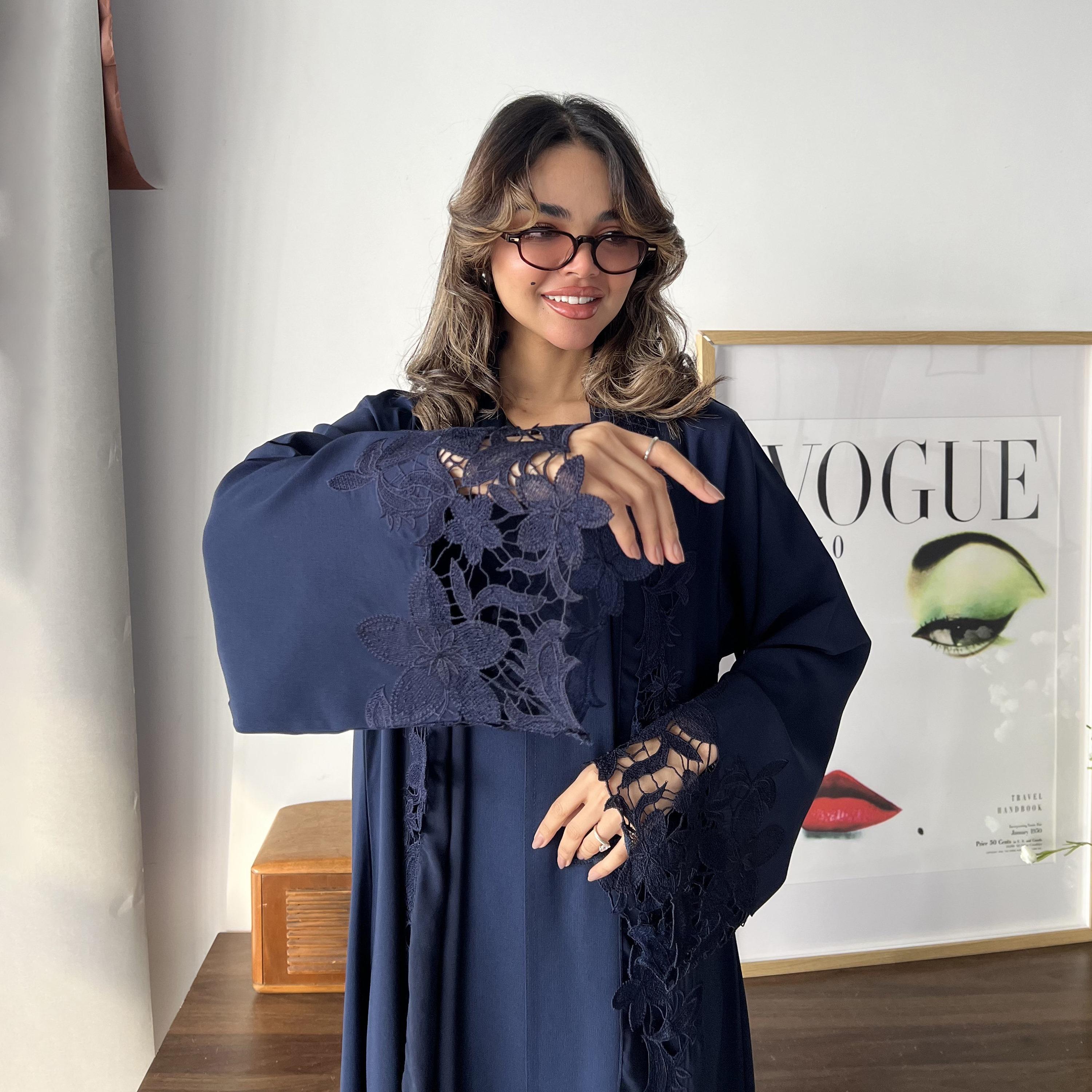 Lusin abaya Floral Embroidered Wide Sleeves Ukrainian Crepe Women's Flared Style Abaya with Hijab-women-arabicclothing-abayas-image-2