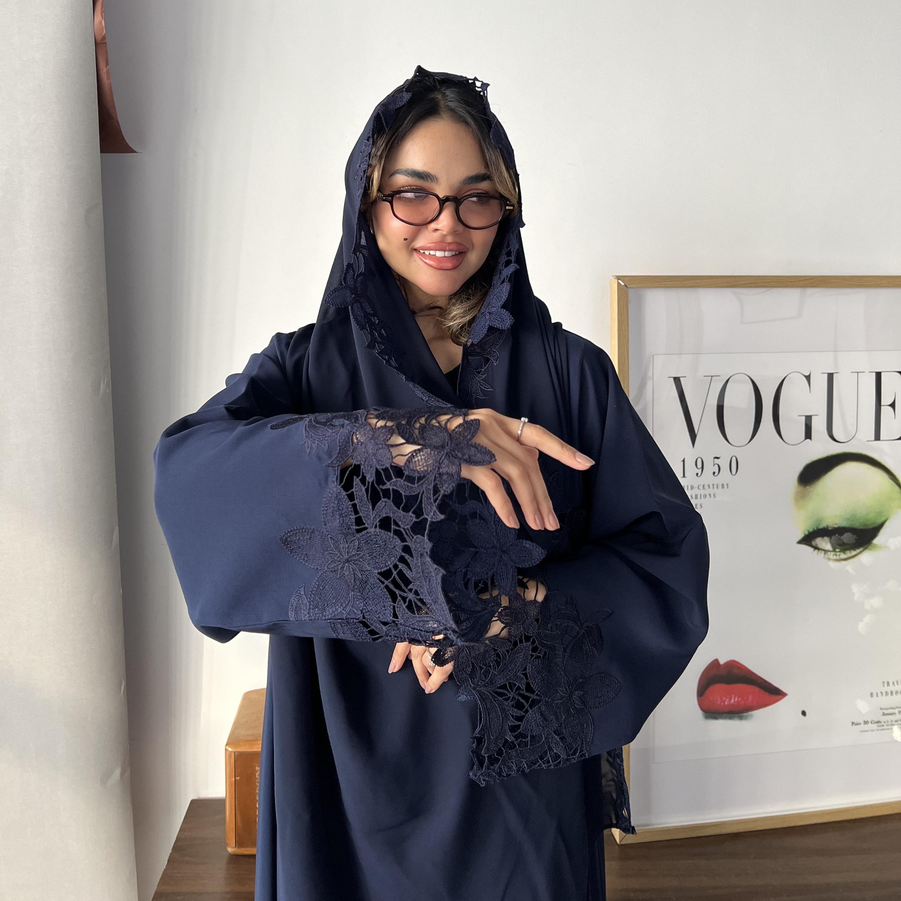 Lusin abaya Floral Embroidered Wide Sleeves Ukrainian Crepe Women's Flared Style Abaya with Hijab-women-arabicclothing-abayas-image-4