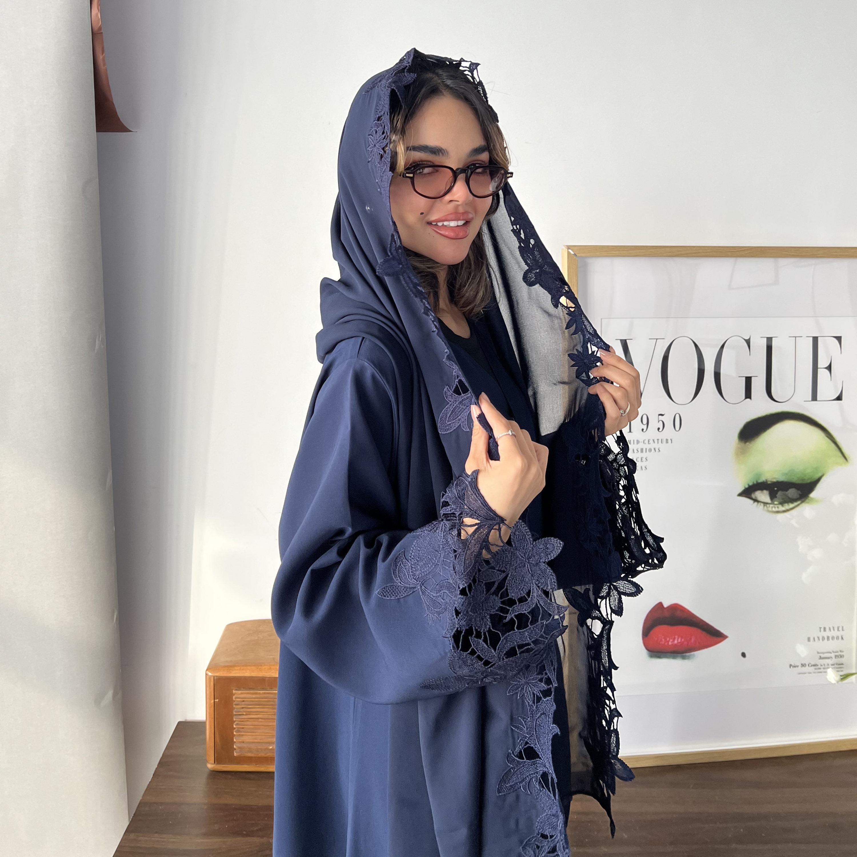 Lusin abaya Floral Embroidered Wide Sleeves Ukrainian Crepe Women's Flared Style Abaya with Hijab-women-arabicclothing-abayas-image-5