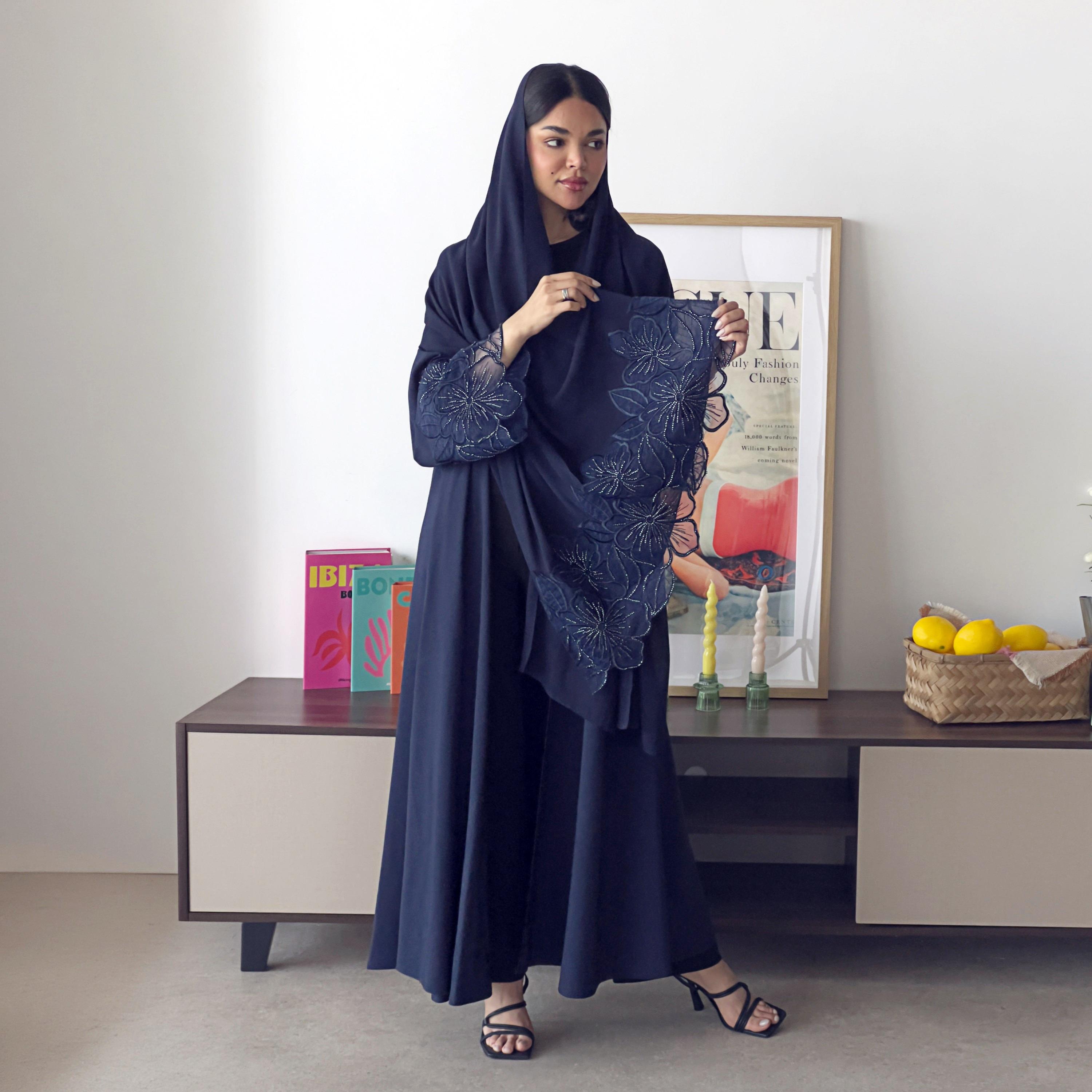 Lusin Abaya Navy Floral Embroidered and Hand Beaded Crepe Women's Abaya with Hijab-women-arabicclothing-abayas-image-1
