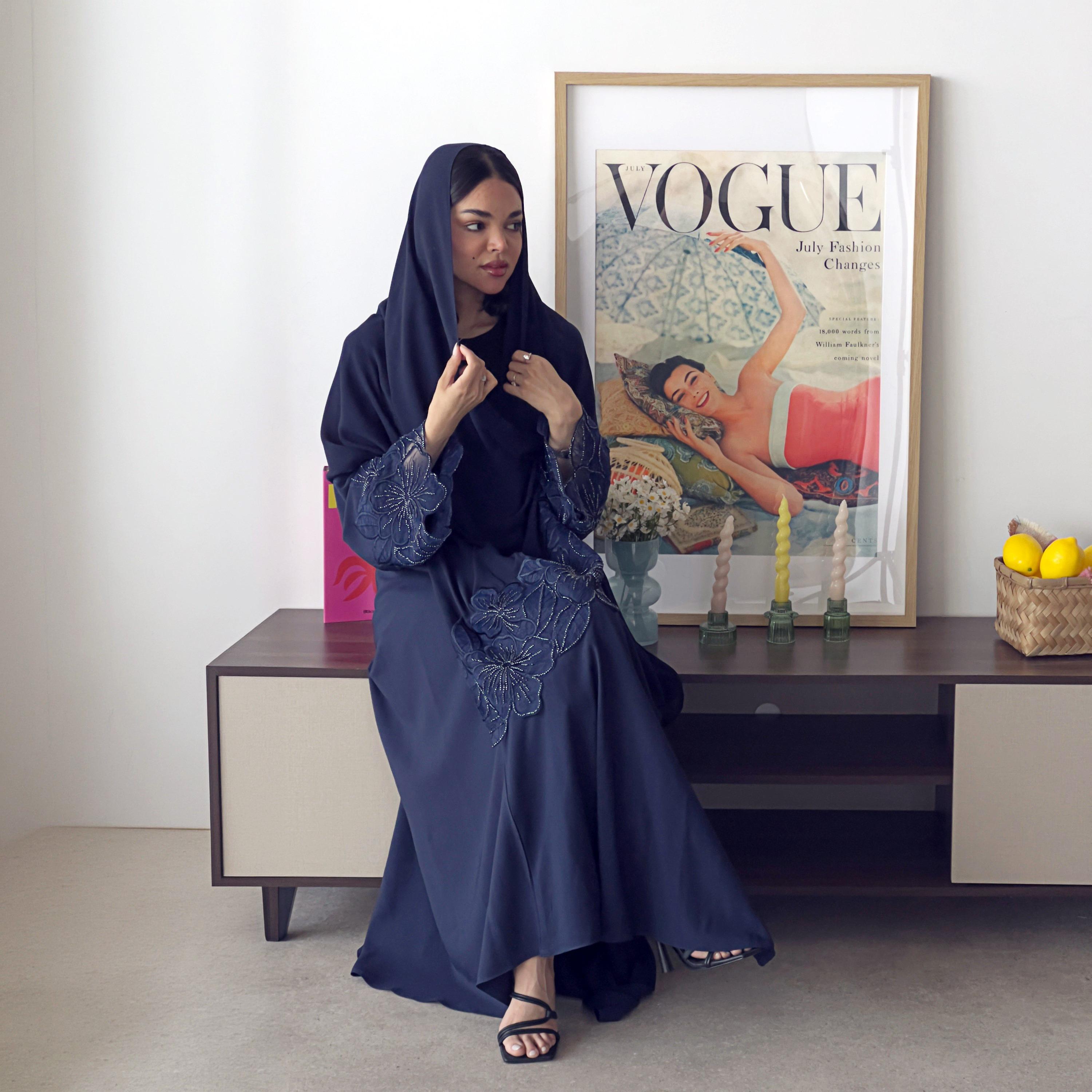 Lusin Abaya Navy Floral Embroidered and Hand Beaded Crepe Women's Abaya with Hijab-women-arabicclothing-abayas-image-2
