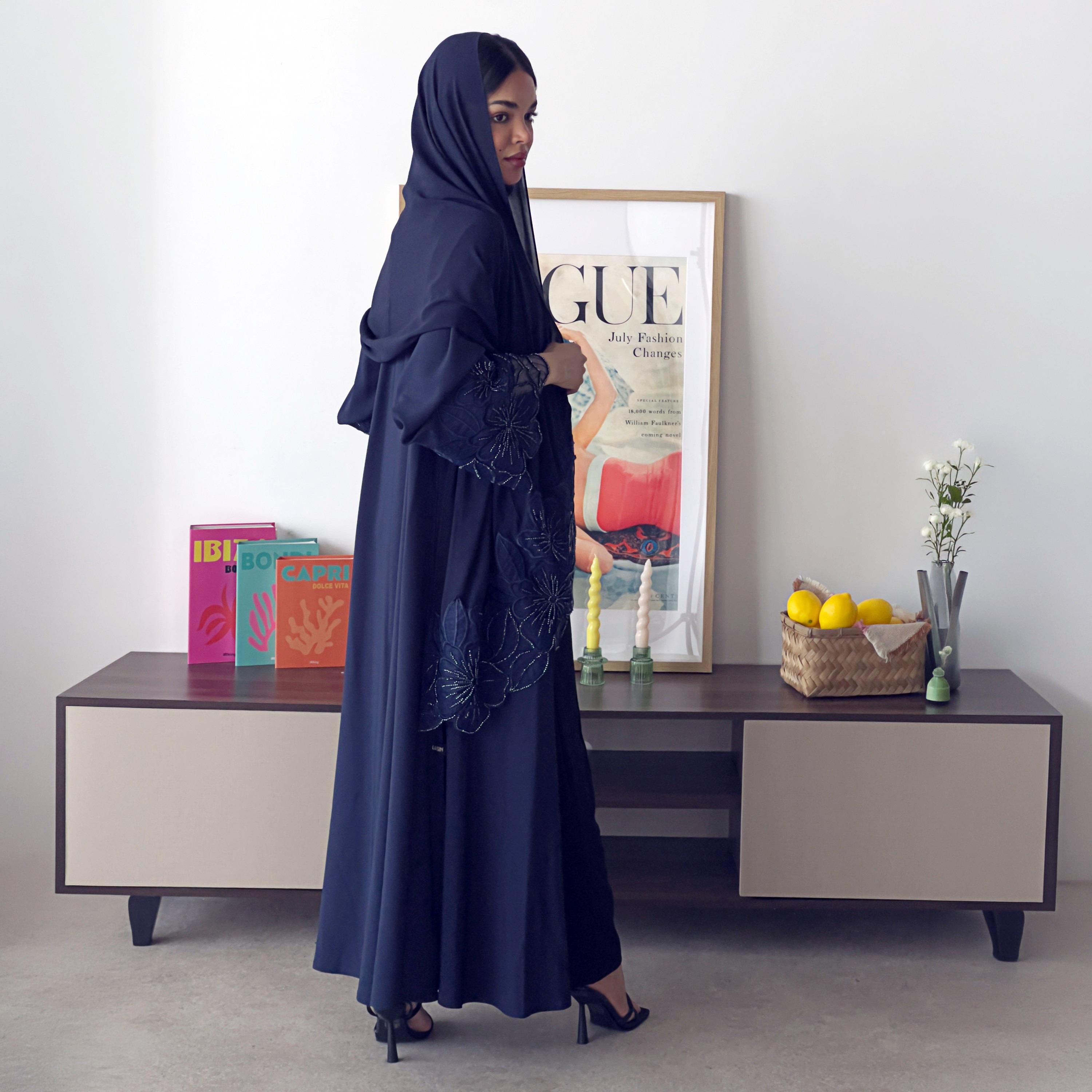Lusin Abaya Navy Floral Embroidered and Hand Beaded Crepe Women's Abaya with Hijab-women-arabicclothing-abayas-image-3