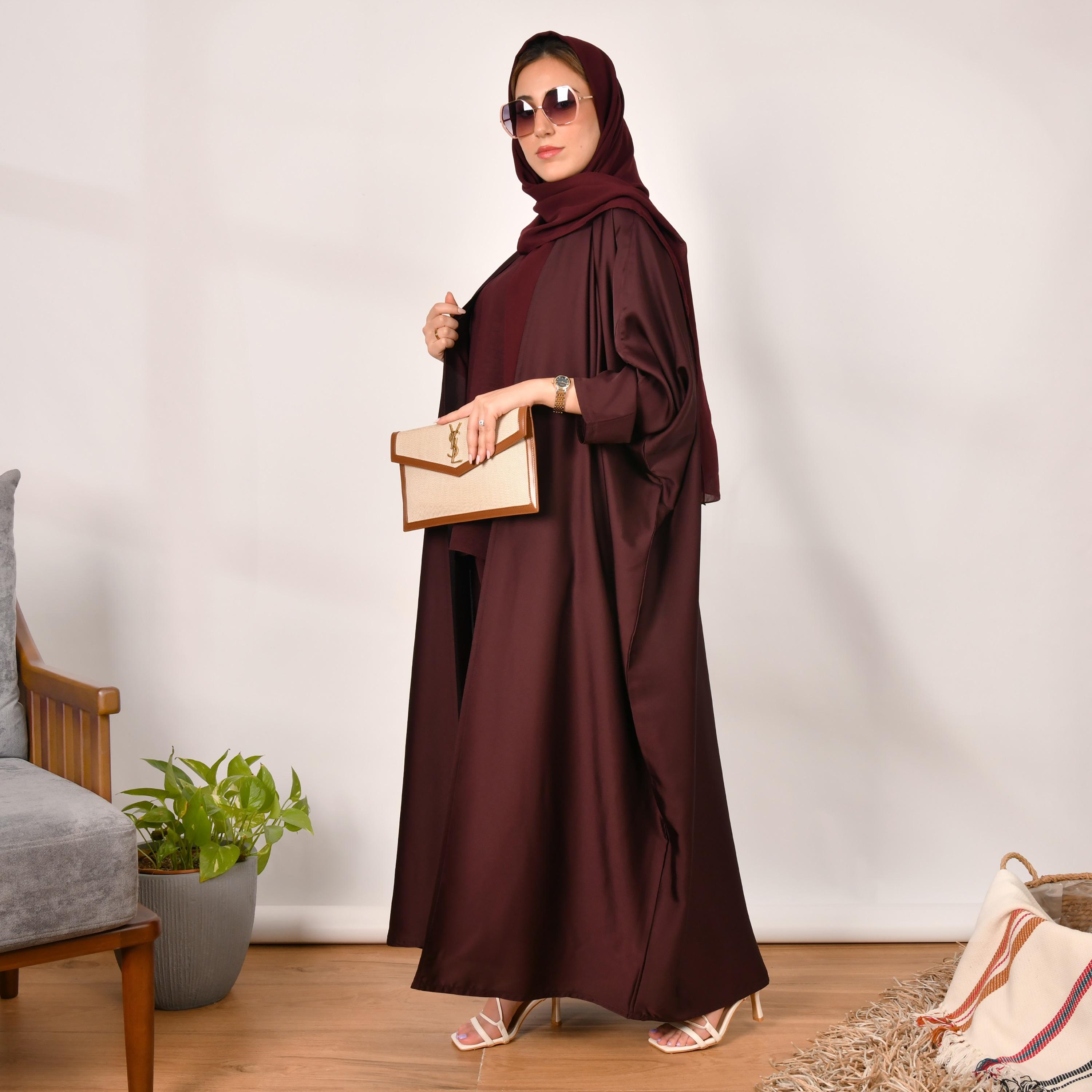 Hawraa Abaya Red Linen Women's Abaya with Hijab-women-arabicclothing-abayas-image-4