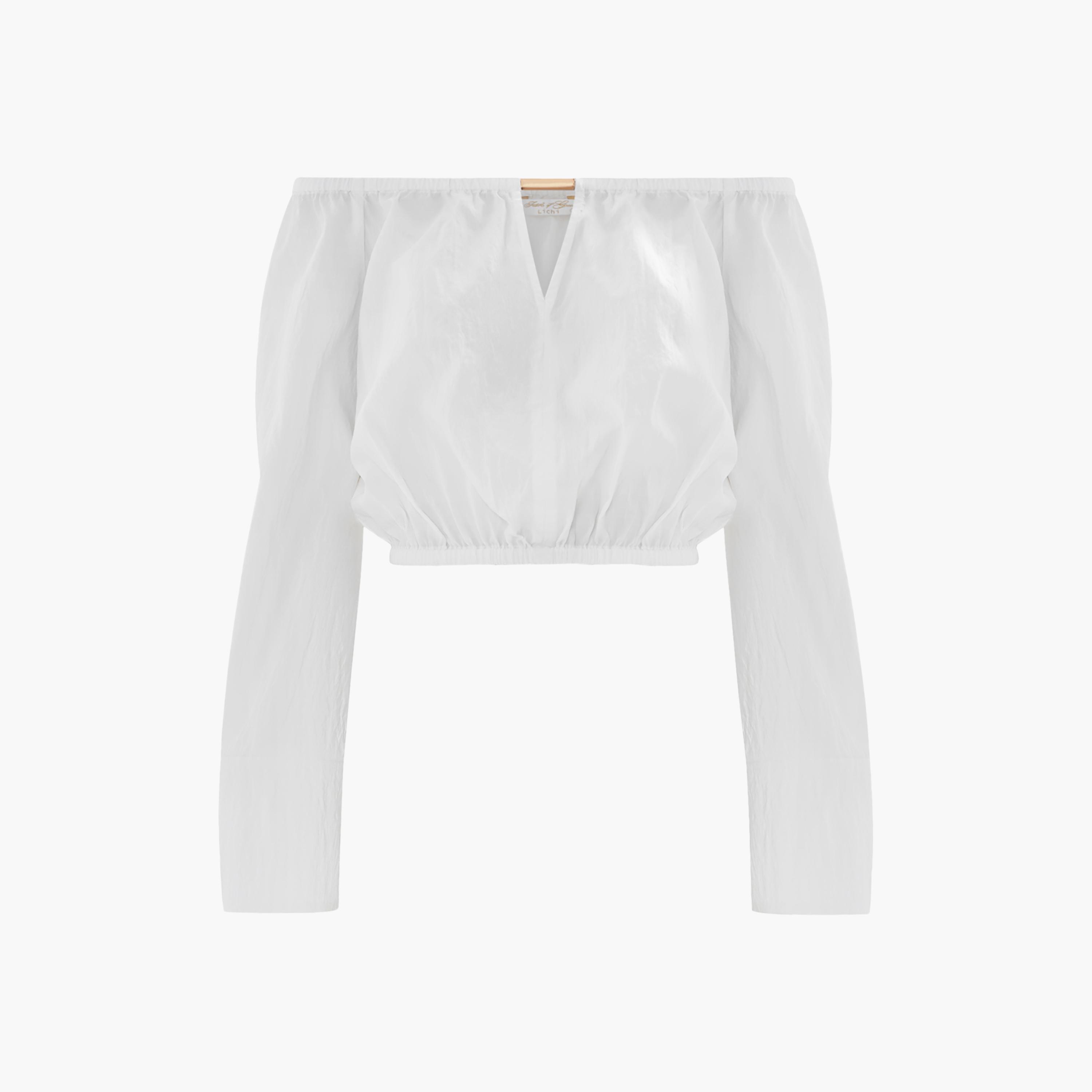 بلوزة باندو نسائية مكشوفة الكتفين بقوام بارز باللون الأبيض من ليتشي-women-clothing-shirtsandblouses-blouses-image-4