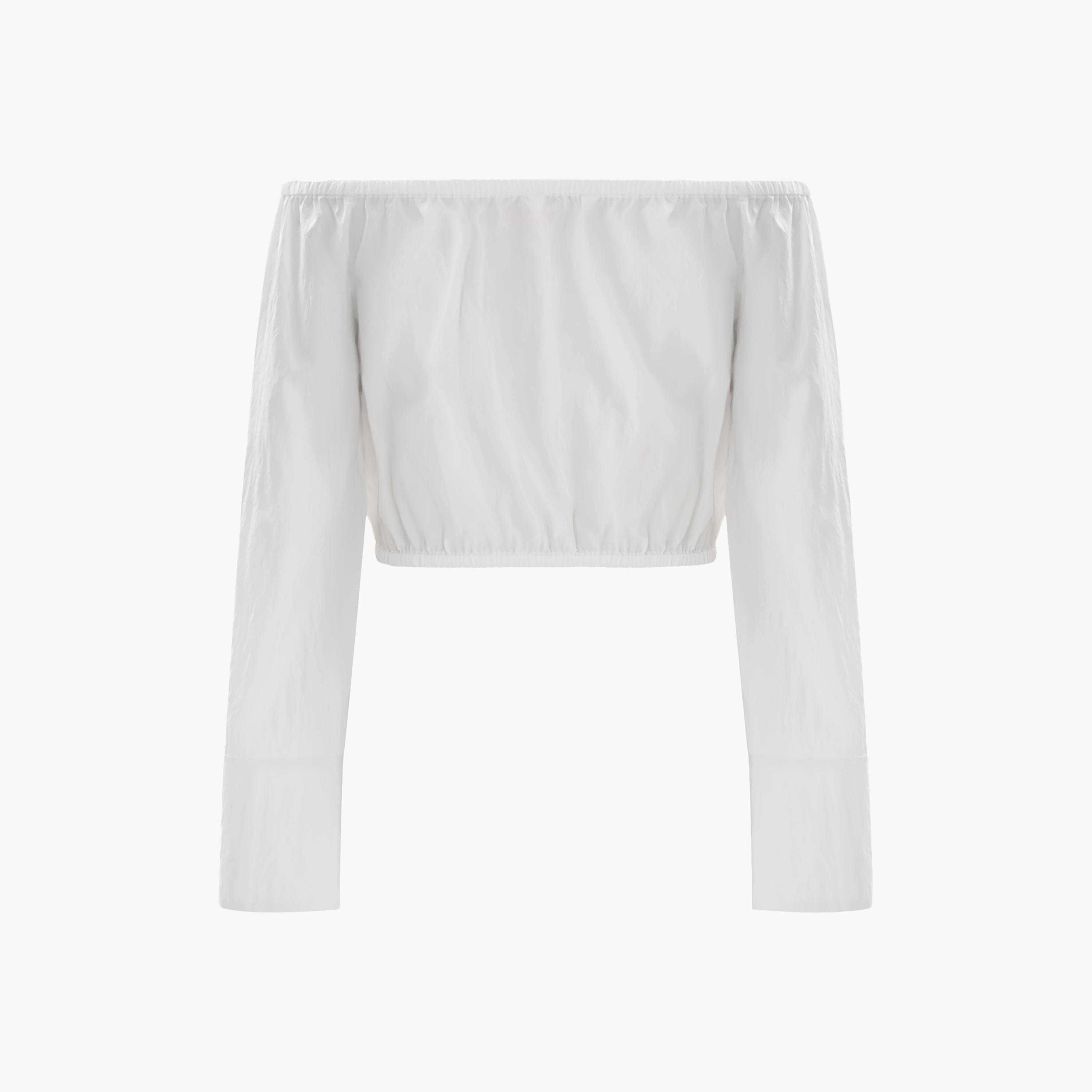 بلوزة باندو نسائية مكشوفة الكتفين بقوام بارز باللون الأبيض من ليتشي-women-clothing-shirtsandblouses-blouses-image-5
