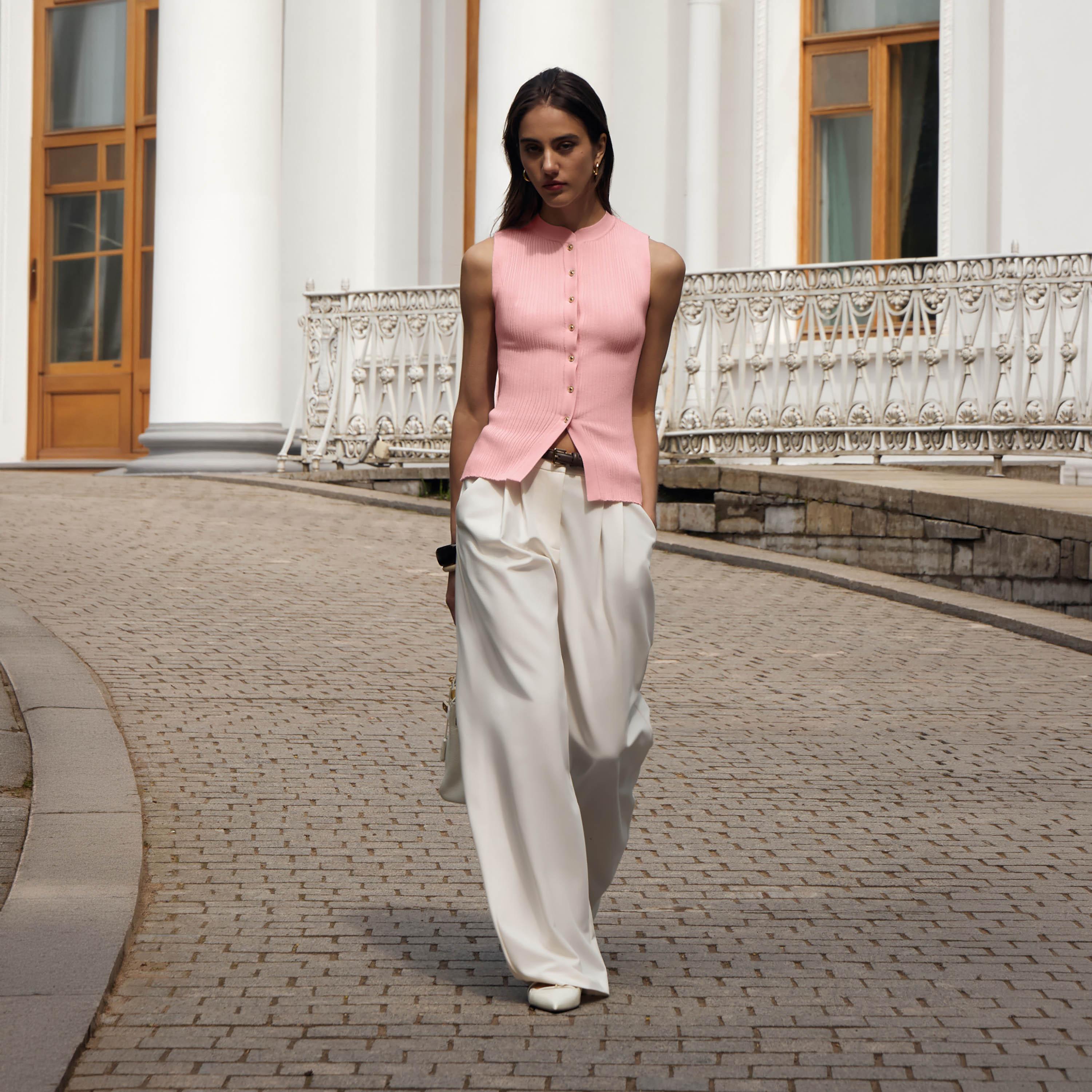 Lichi Pink Ribbed Mock Neck Women's Top-women-clothing-shirtsandblouses-blouses-image-2