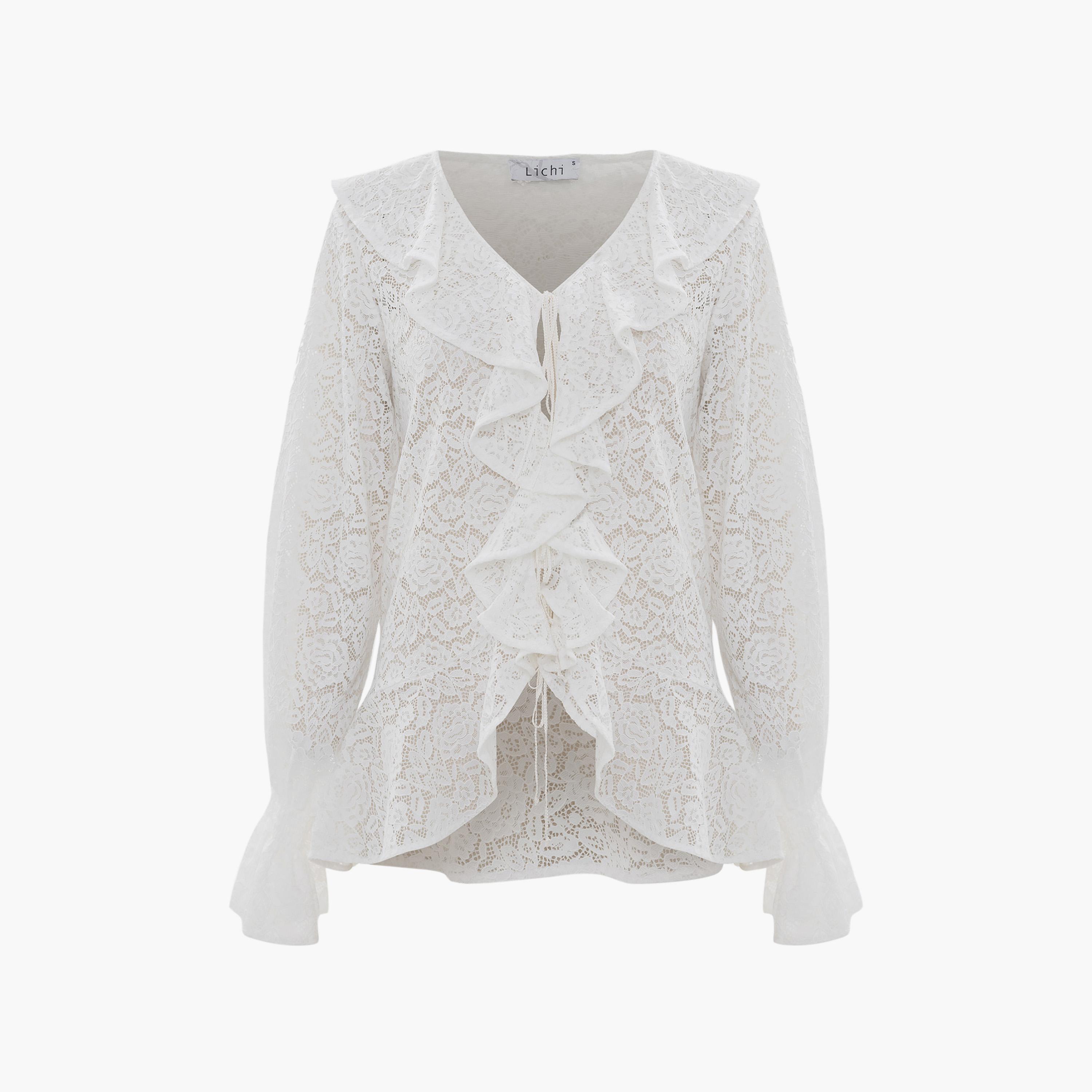 توب بياقة مكشكشة من الدانتيل بنقشة زهور للنساء من ليتشي-women-clothing-shirtsandblouses-blouses-image-5