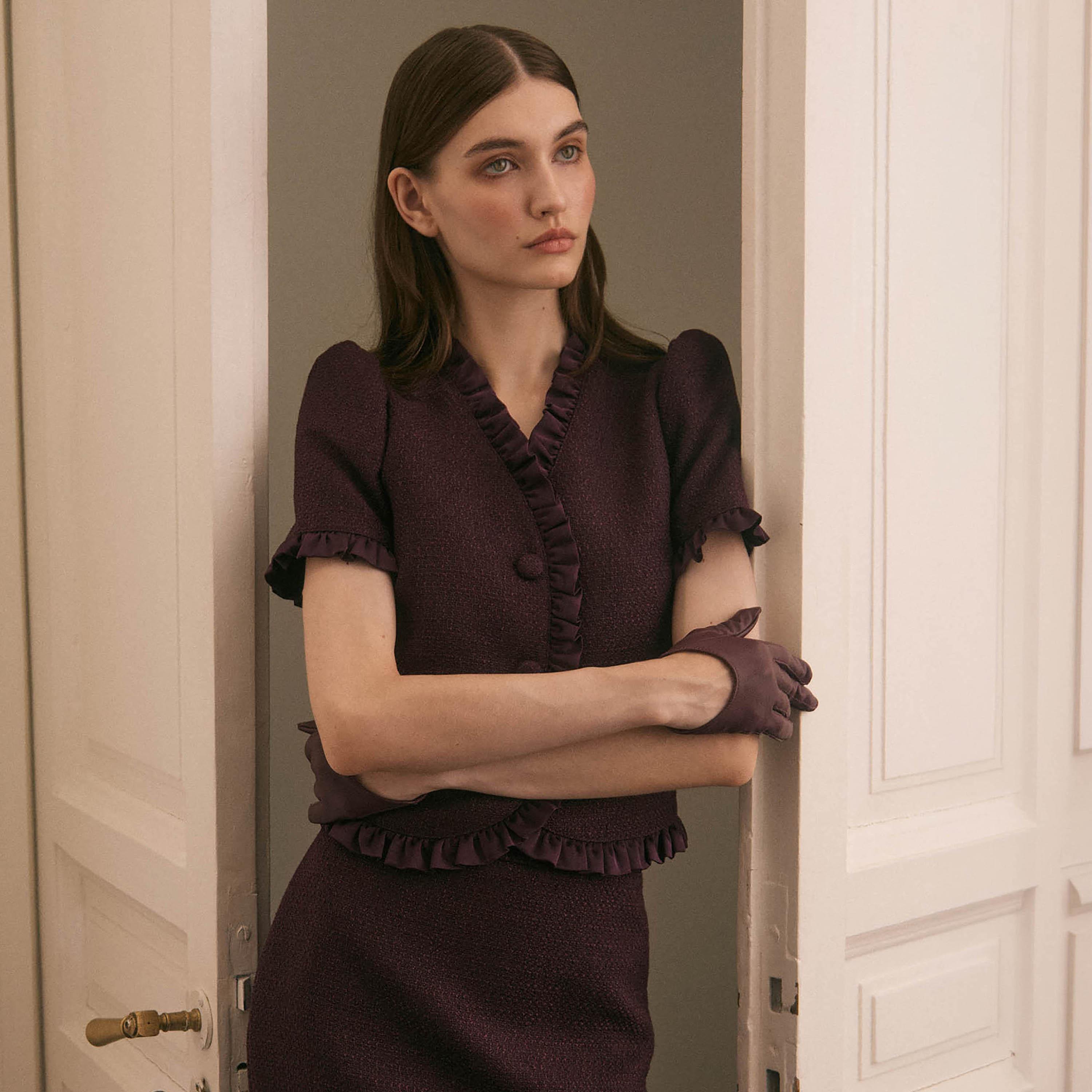 بلوزة تويد بأكمام منفوخة للنساء من ليتشي-women-clothing-shirtsandblouses-blouses-image-1