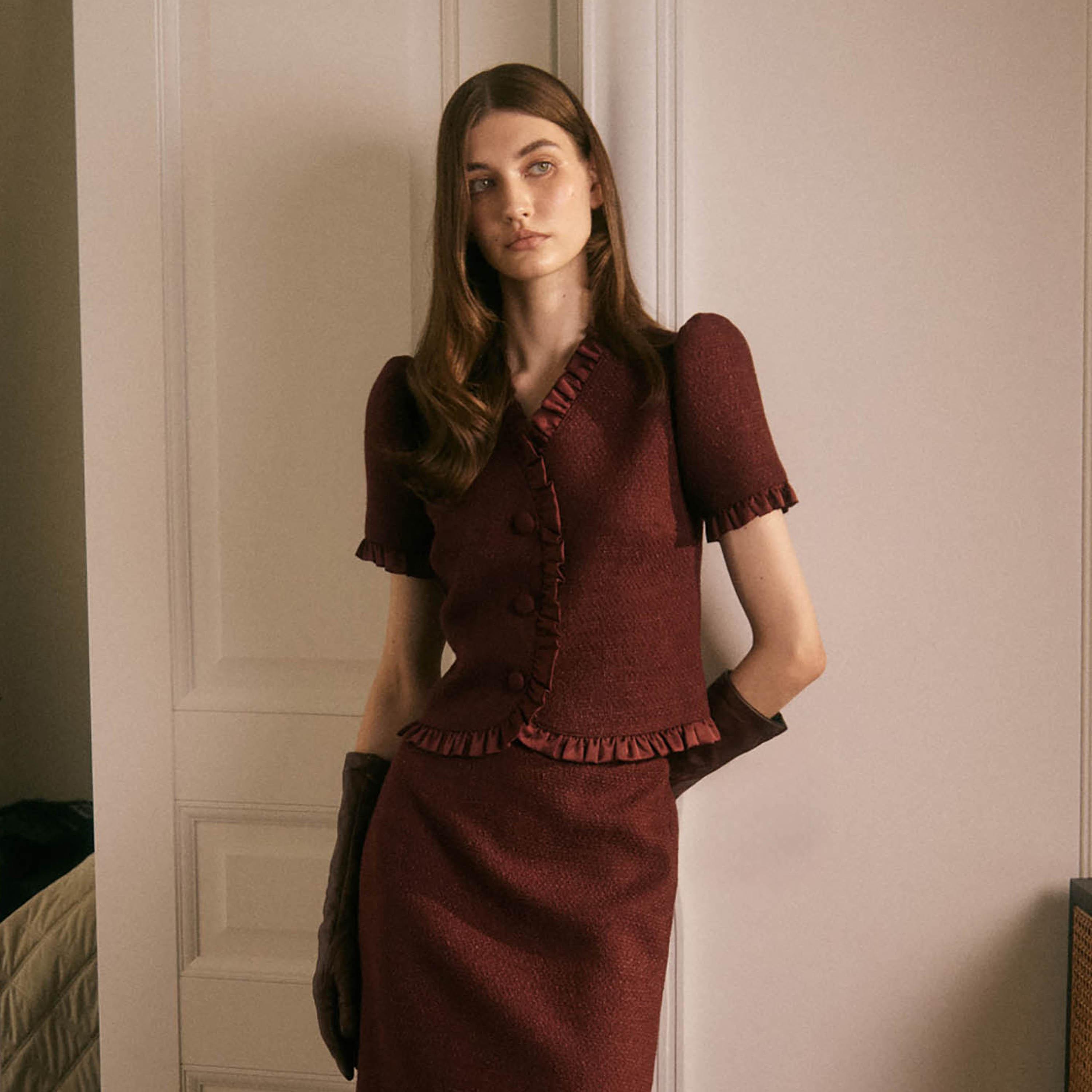 بلوزة تويد بأكمام منفوخة للنساء من ليتشي-women-clothing-shirtsandblouses-blouses-image-1