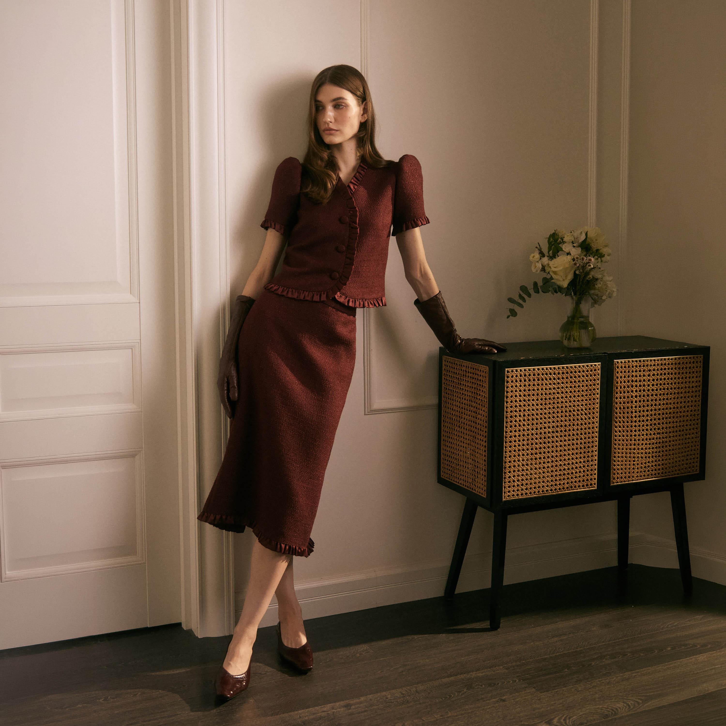 بلوزة تويد بأكمام منفوخة للنساء من ليتشي-women-clothing-shirtsandblouses-blouses-image-3