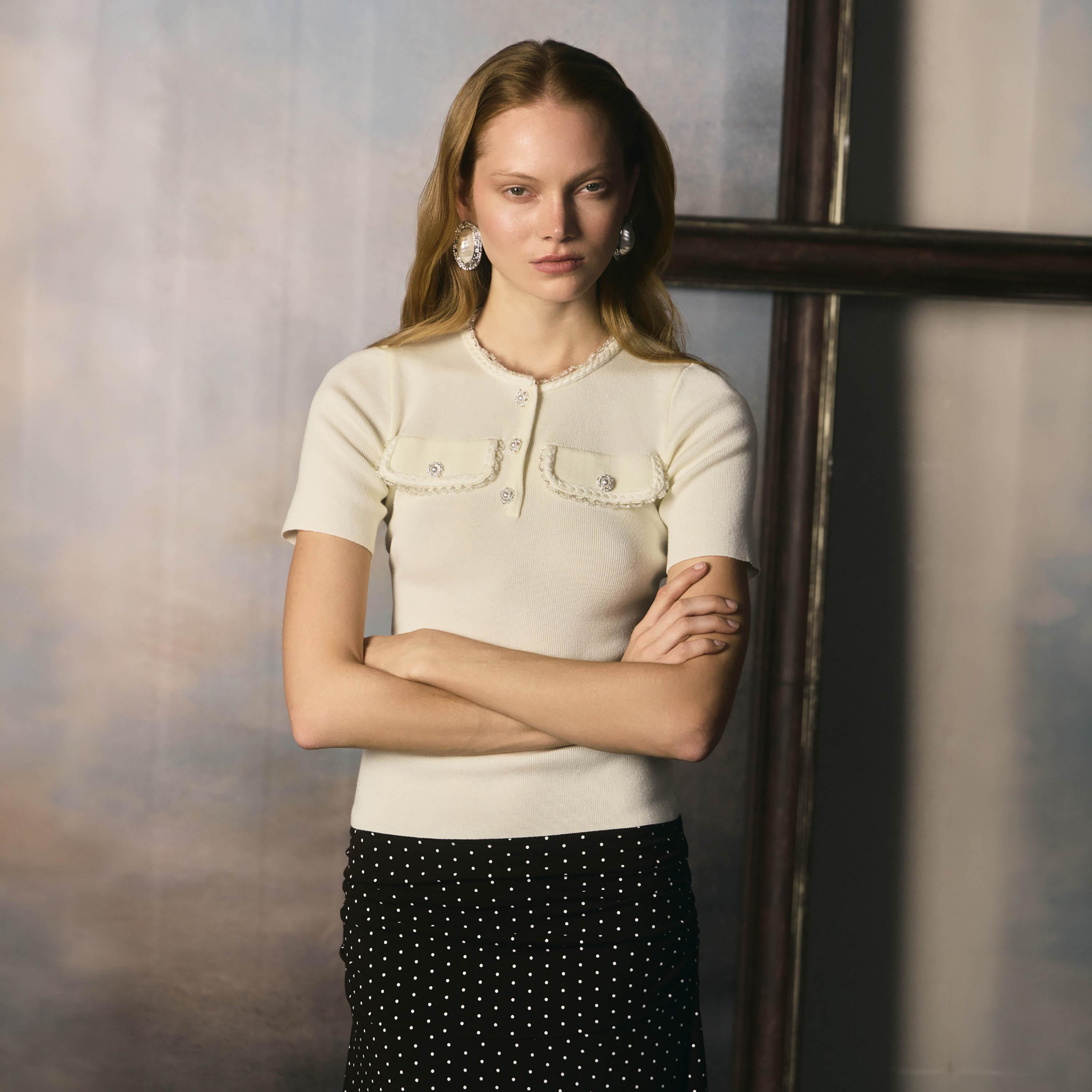 Lichi Cream Textured Henley Neck Women's Top-women-clothing-shirtsandblouses-blouses-image-1