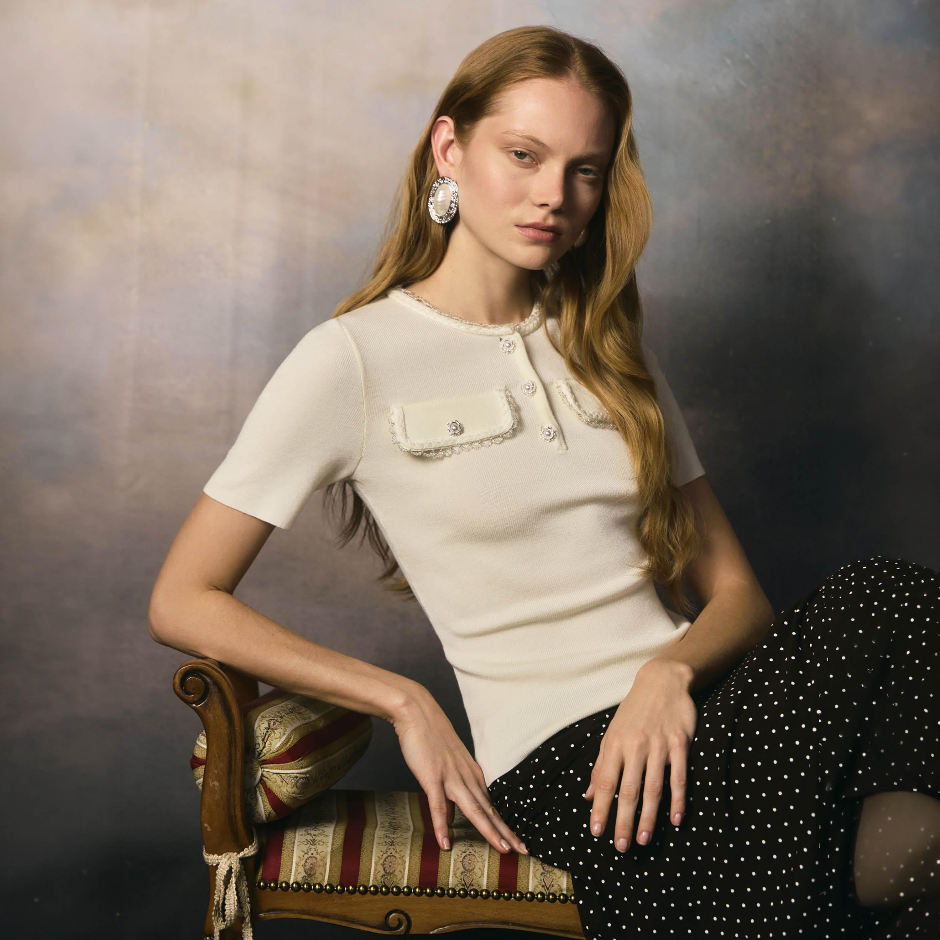 Lichi Cream Textured Henley Neck Women's Top-women-clothing-shirtsandblouses-blouses-image-3