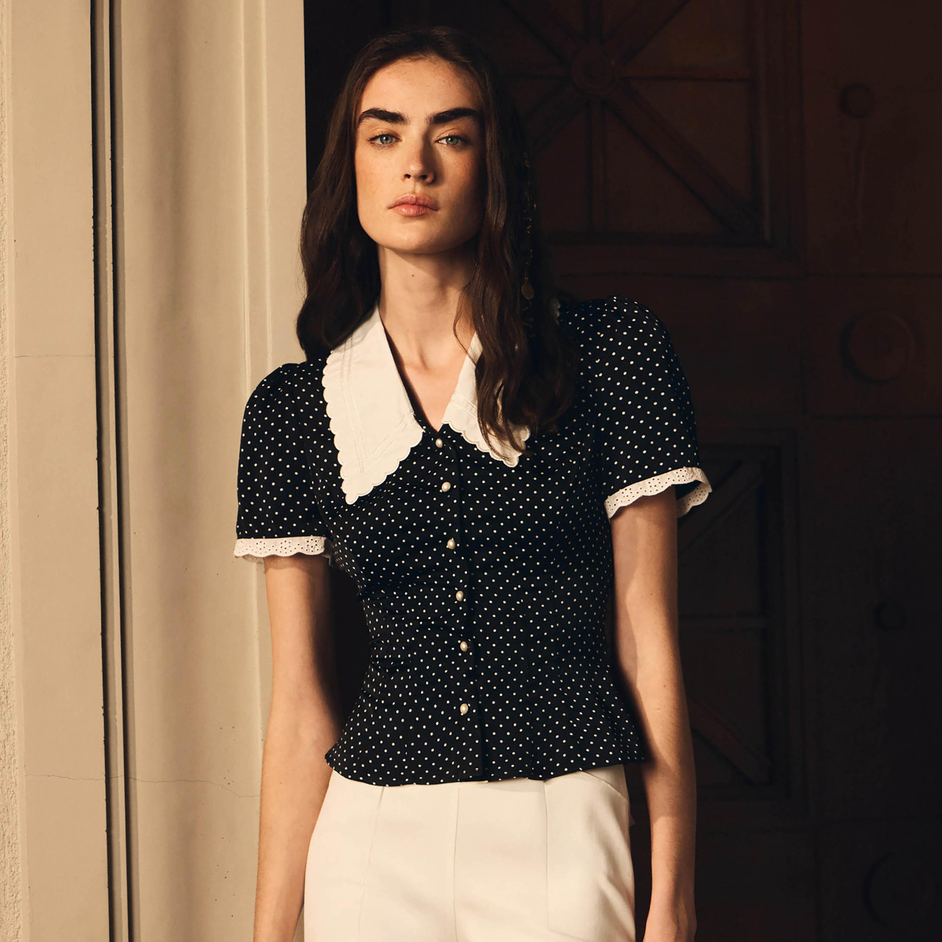 Lichi Black Polka Dot Peter Pan Collar Cap Sleeves Women's Top-women-clothing-shirtsandblouses-blouses-image-1