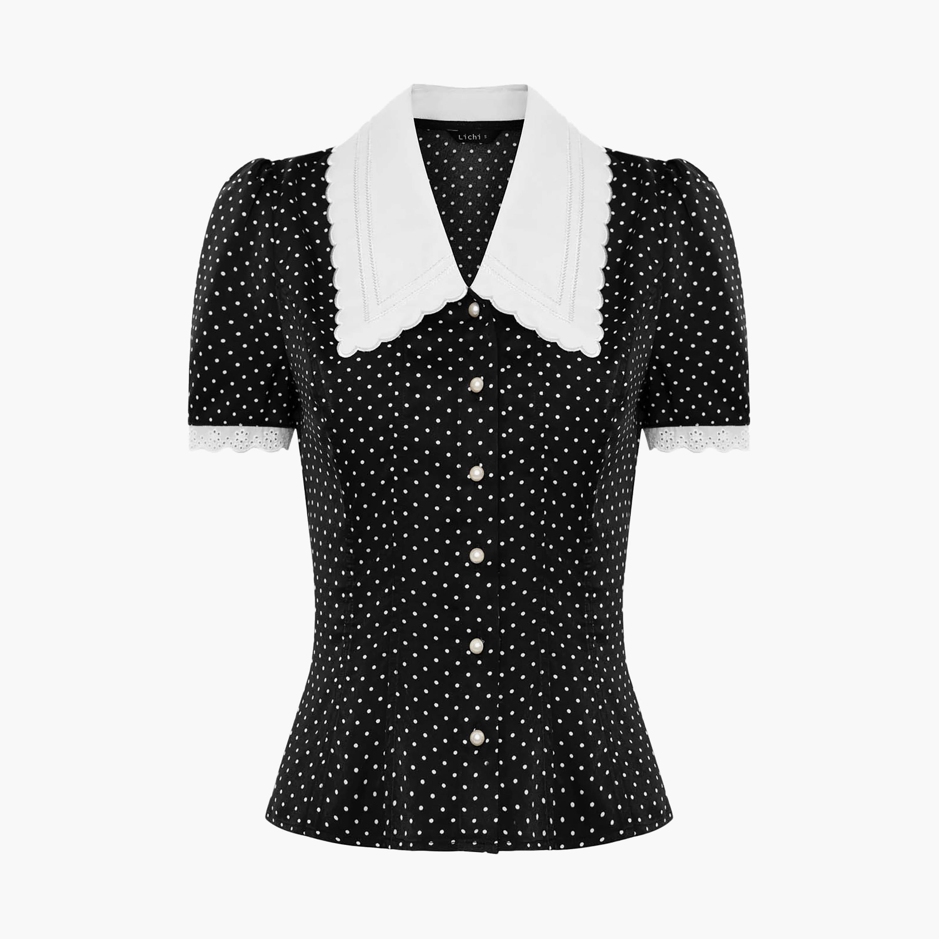 Lichi Black Polka Dot Peter Pan Collar Cap Sleeves Women's Top-women-clothing-shirtsandblouses-blouses-image-5