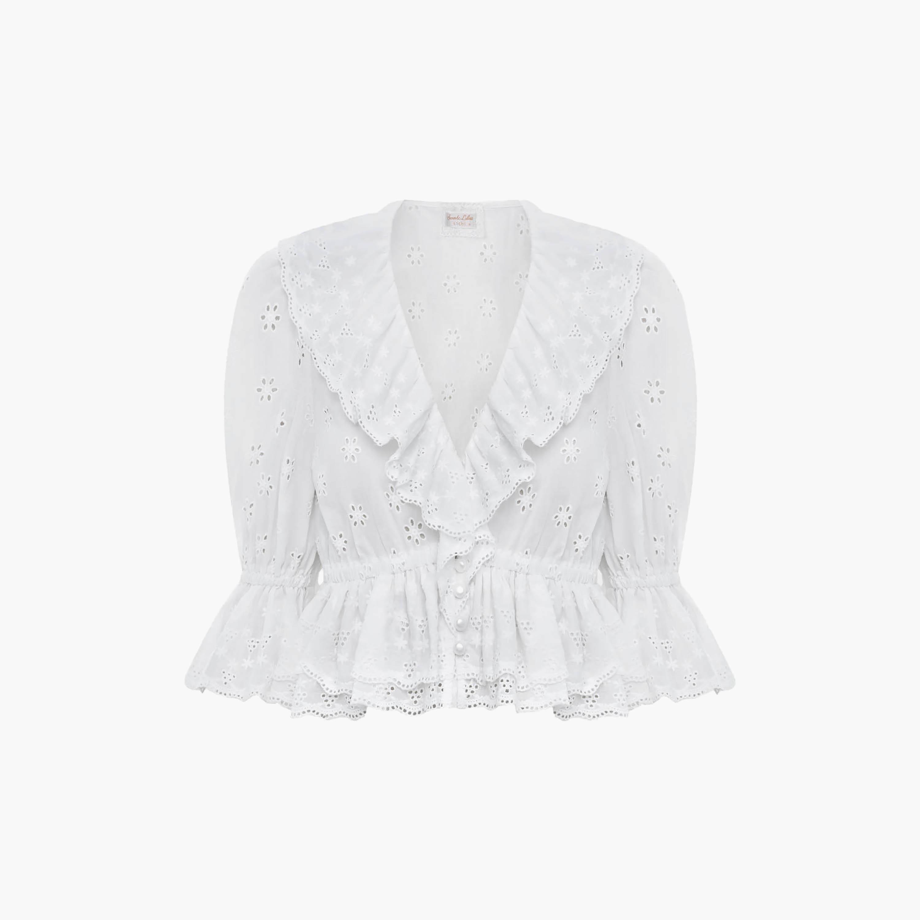 Lichi White Schiffli Embroidered Cotton Puff Sleeves Women's Peplum Top-women-clothing-shirtsandblouses-blouses-image-5