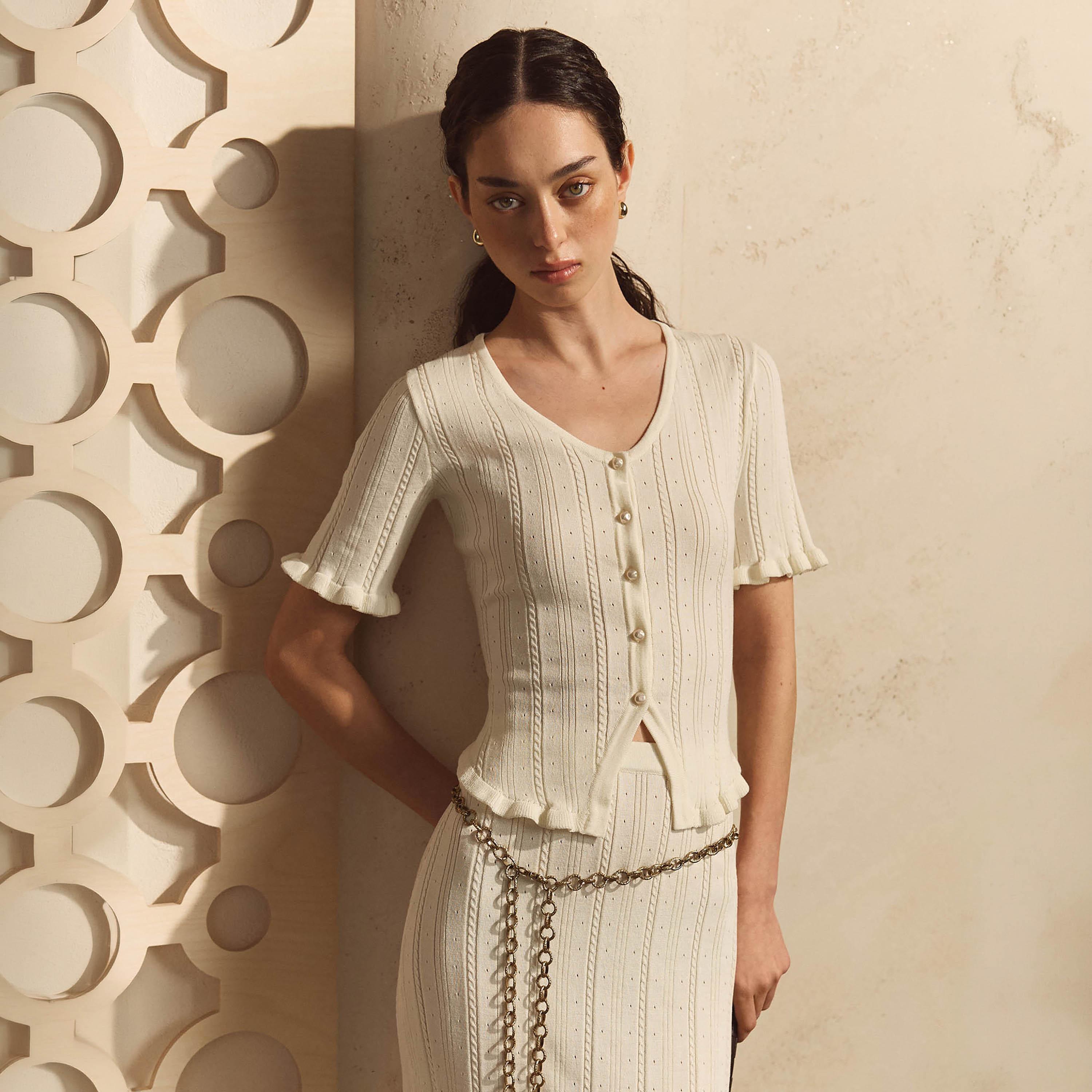 Lichi Cream Openwork Knit Women's Top-women-clothing-shirtsandblouses-blouses-image-1