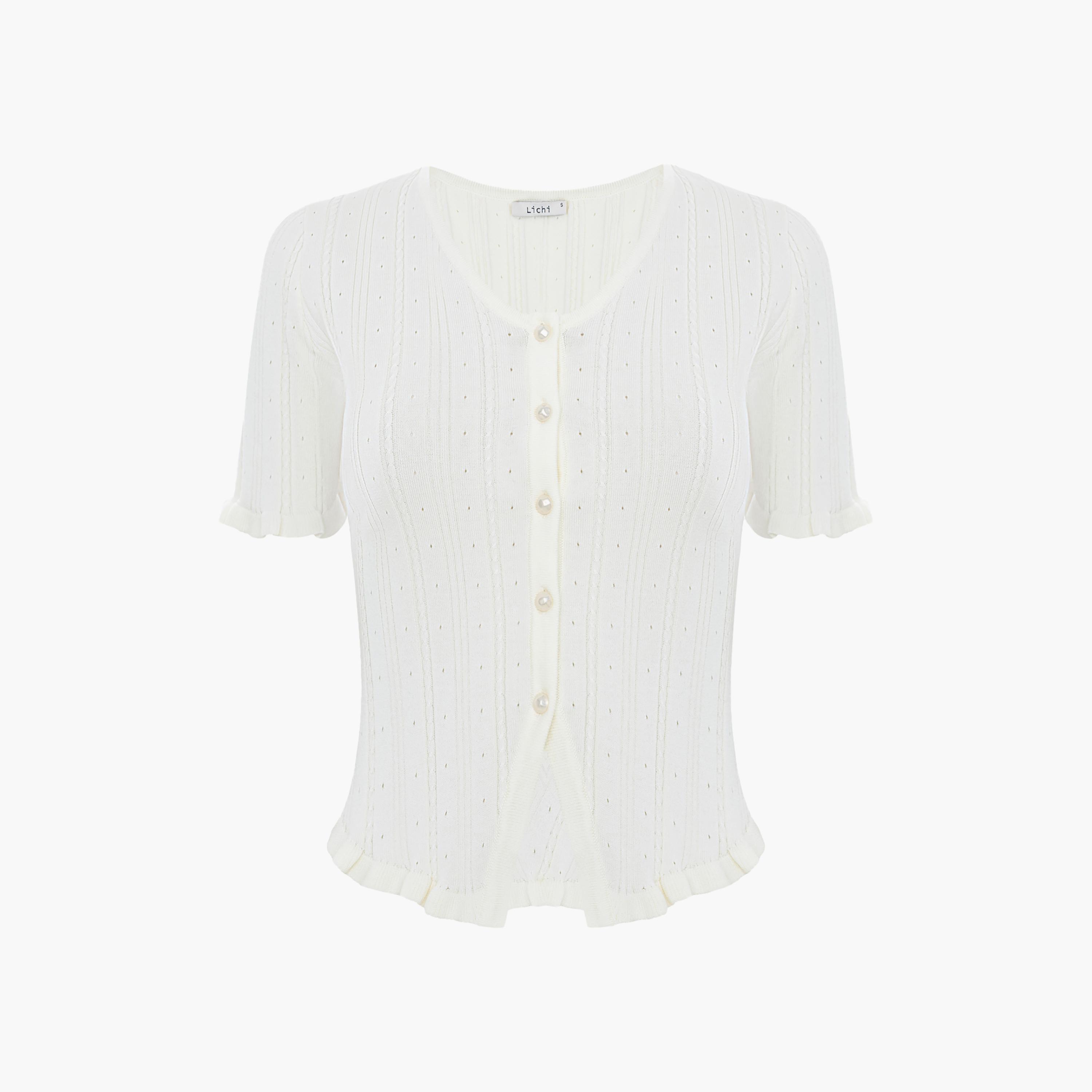 Lichi Cream Openwork Knit Women's Top-women-clothing-shirtsandblouses-blouses-image-5