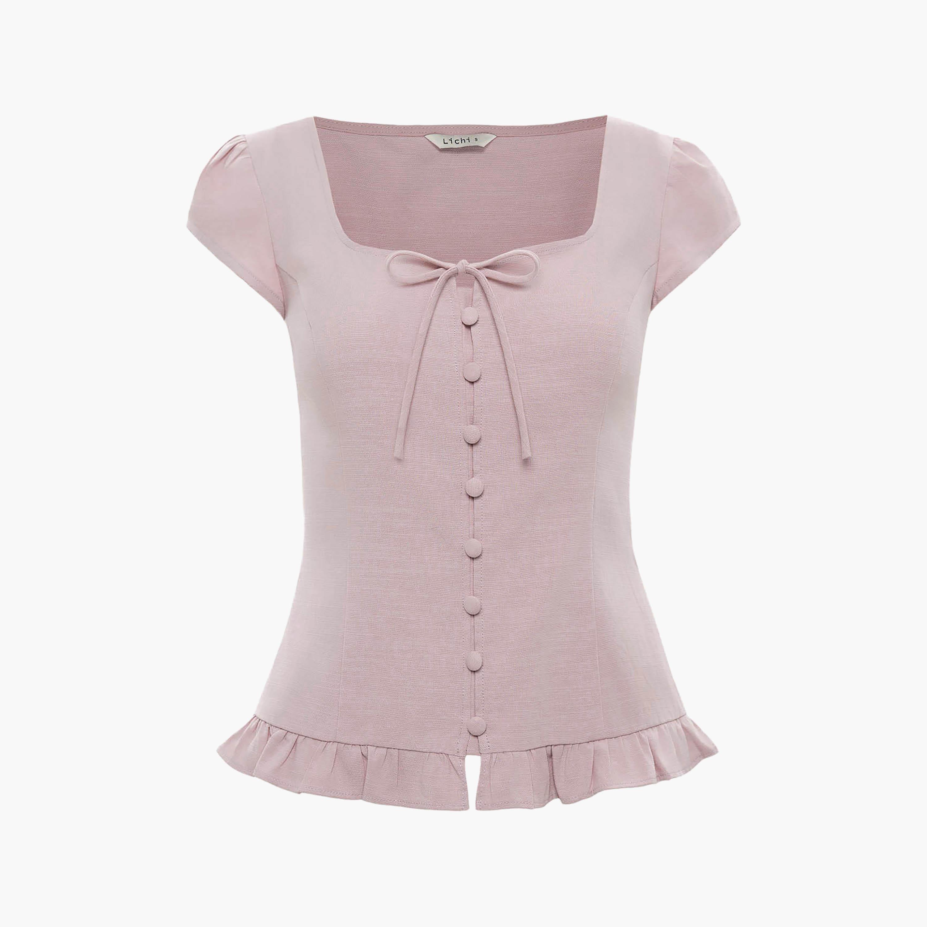 Lichi Pink Square Neck Cap Sleeves Women's Top-women-clothing-shirtsandblouses-blouses-image-5
